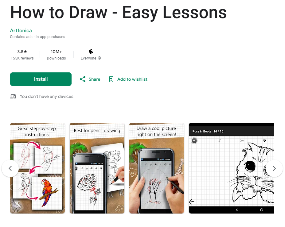 vista en playstore de la app How to Draw