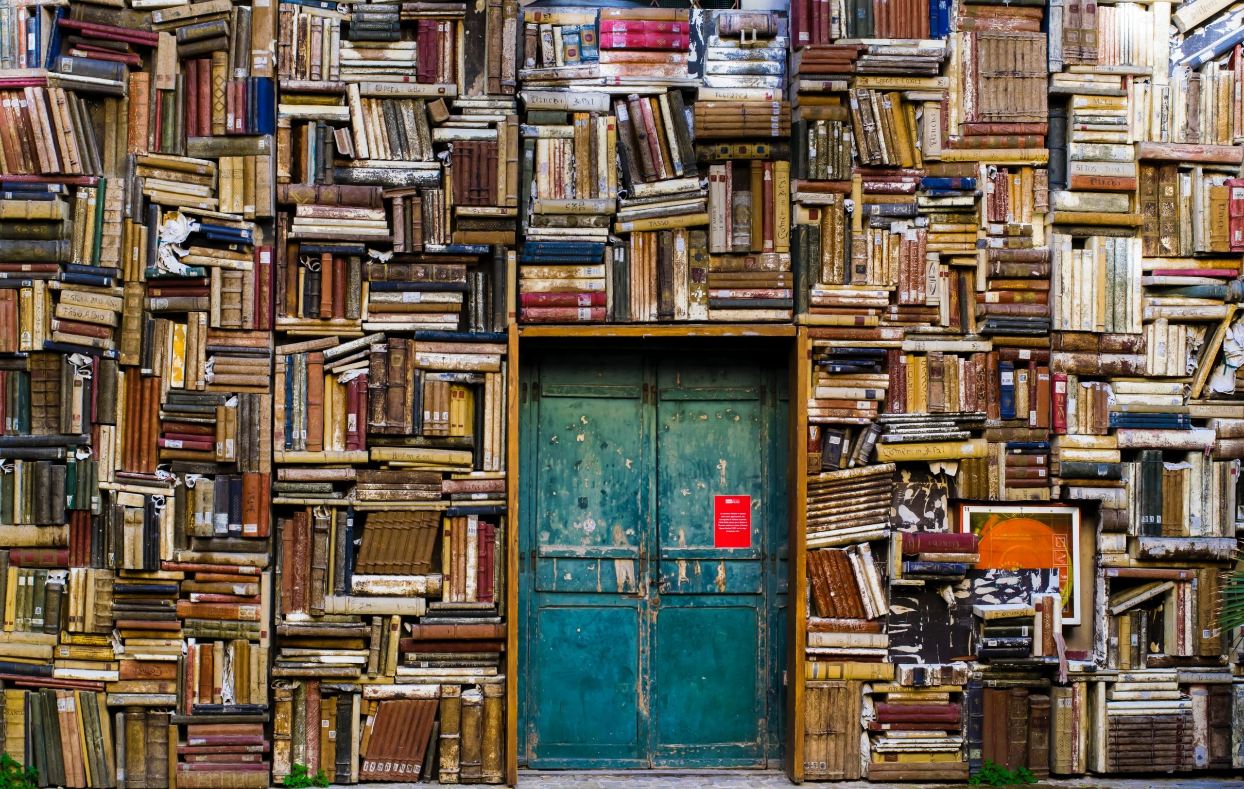 gran pared llena de libros con una puerta celeste en medio