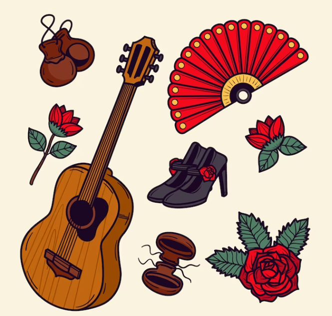 ilustraciones con guitarra flamenca, rosas, abanico rojo, zapatos de flamenco y castañuelas