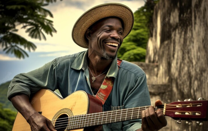 hombre sonriente con sombrero tocando una guitarra acústica en la naturaleza
