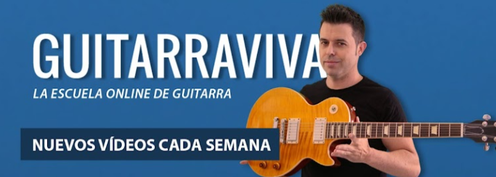 Banner de Guitarra viva con foto de un hombre con guitarra y letras de este canal online