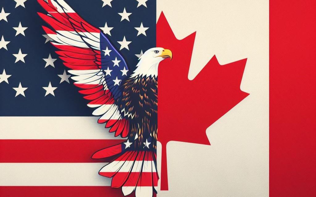 bandera de canada y estados unidos juntas con un águila en medio