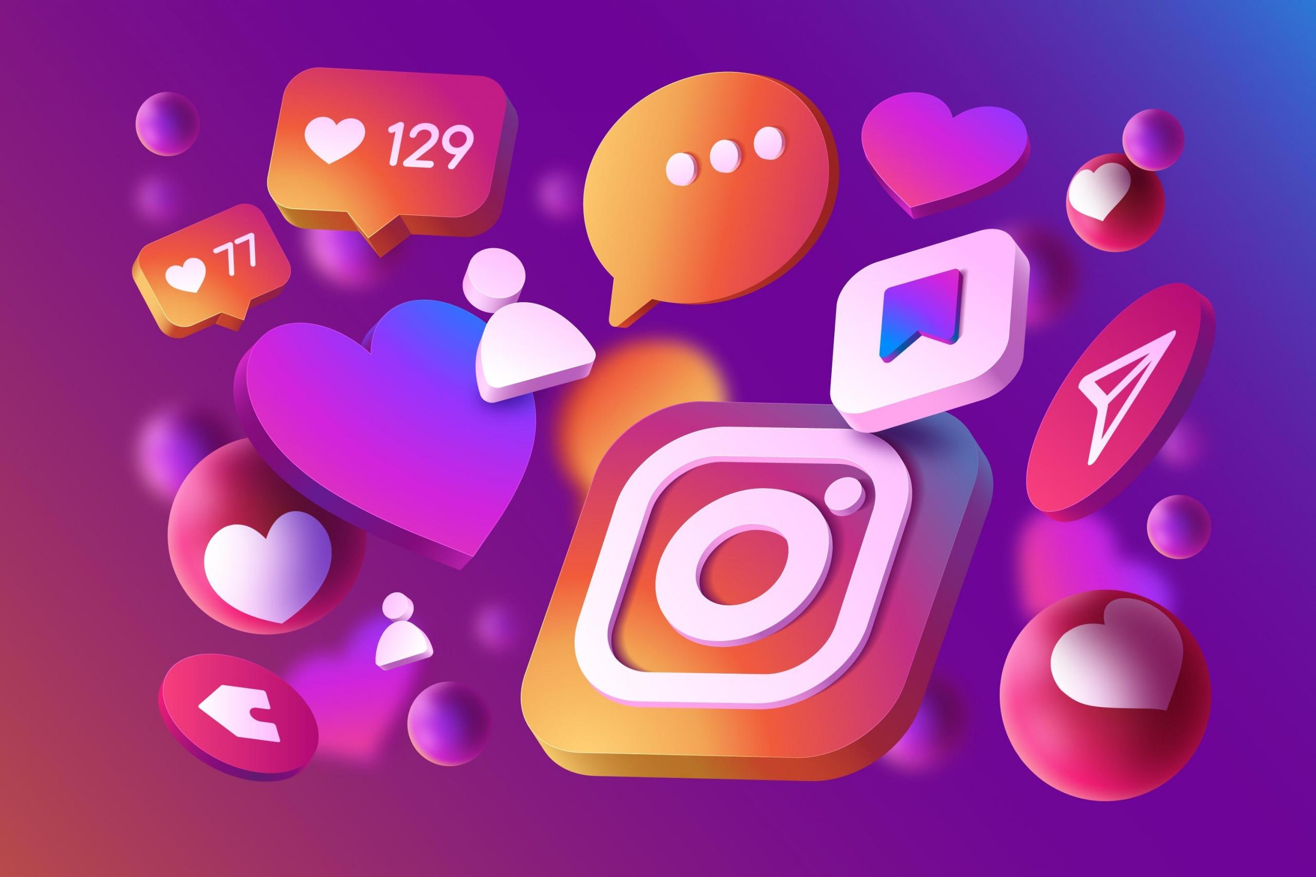 logo de instagram con iconitos alrededor característicos de la plataforma en 3d