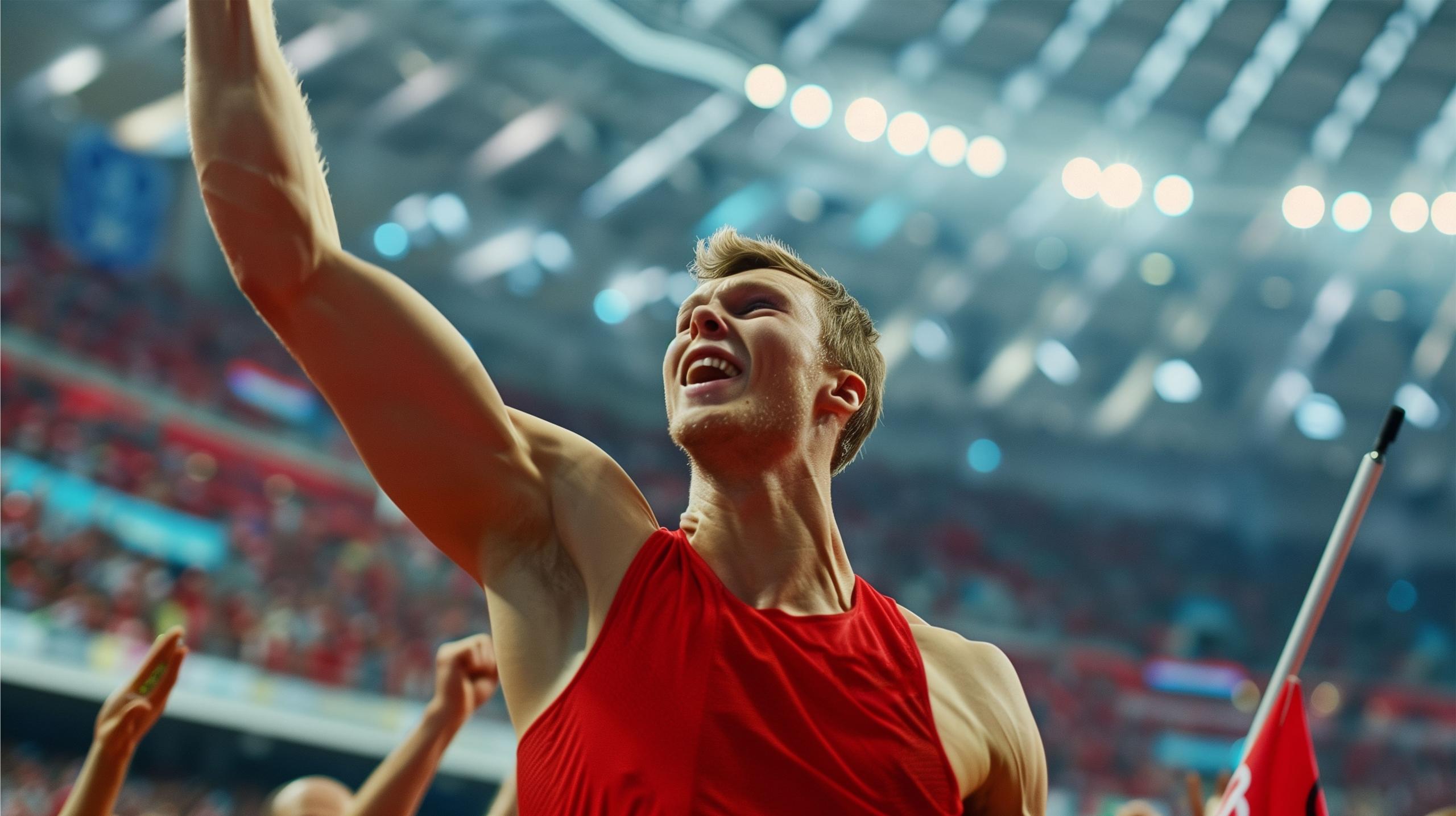 Atleta en un evento deportivo conriente con un brazo hacia arriba