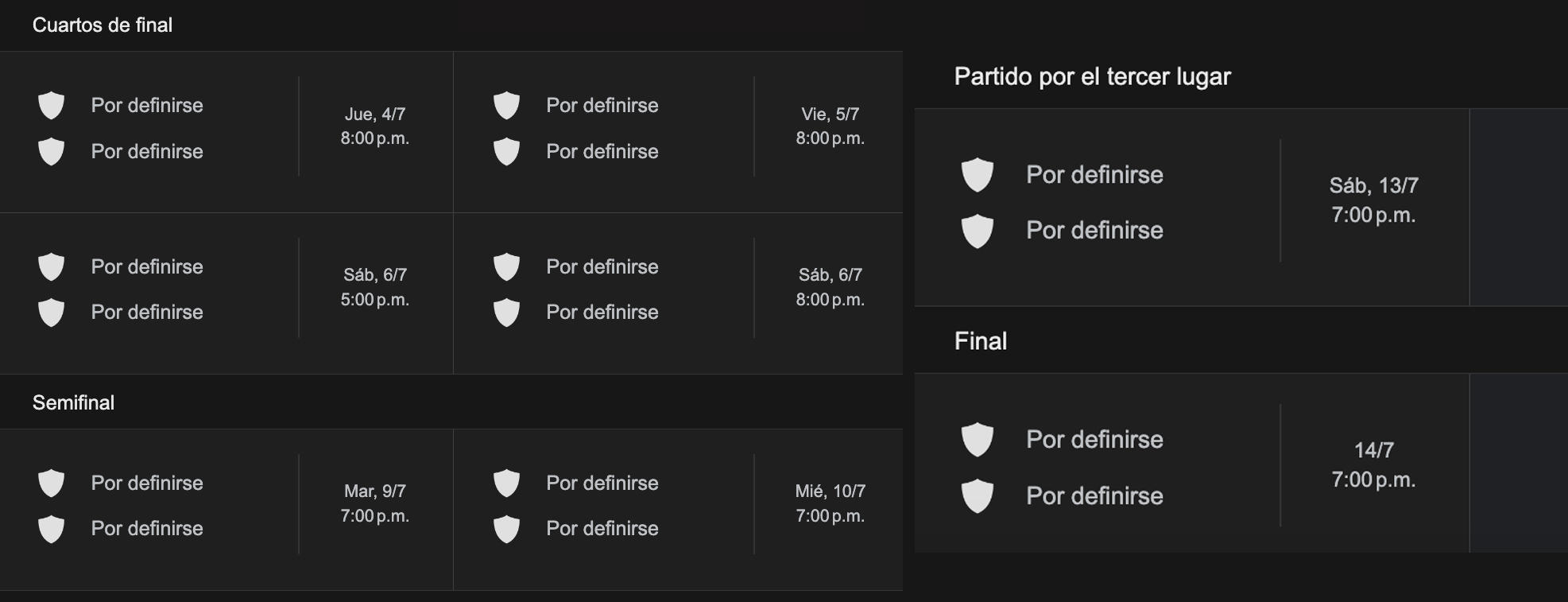 cronograma con fecha de partidos cuartos de final, semifinal, partido del tercer lugar y la gran final