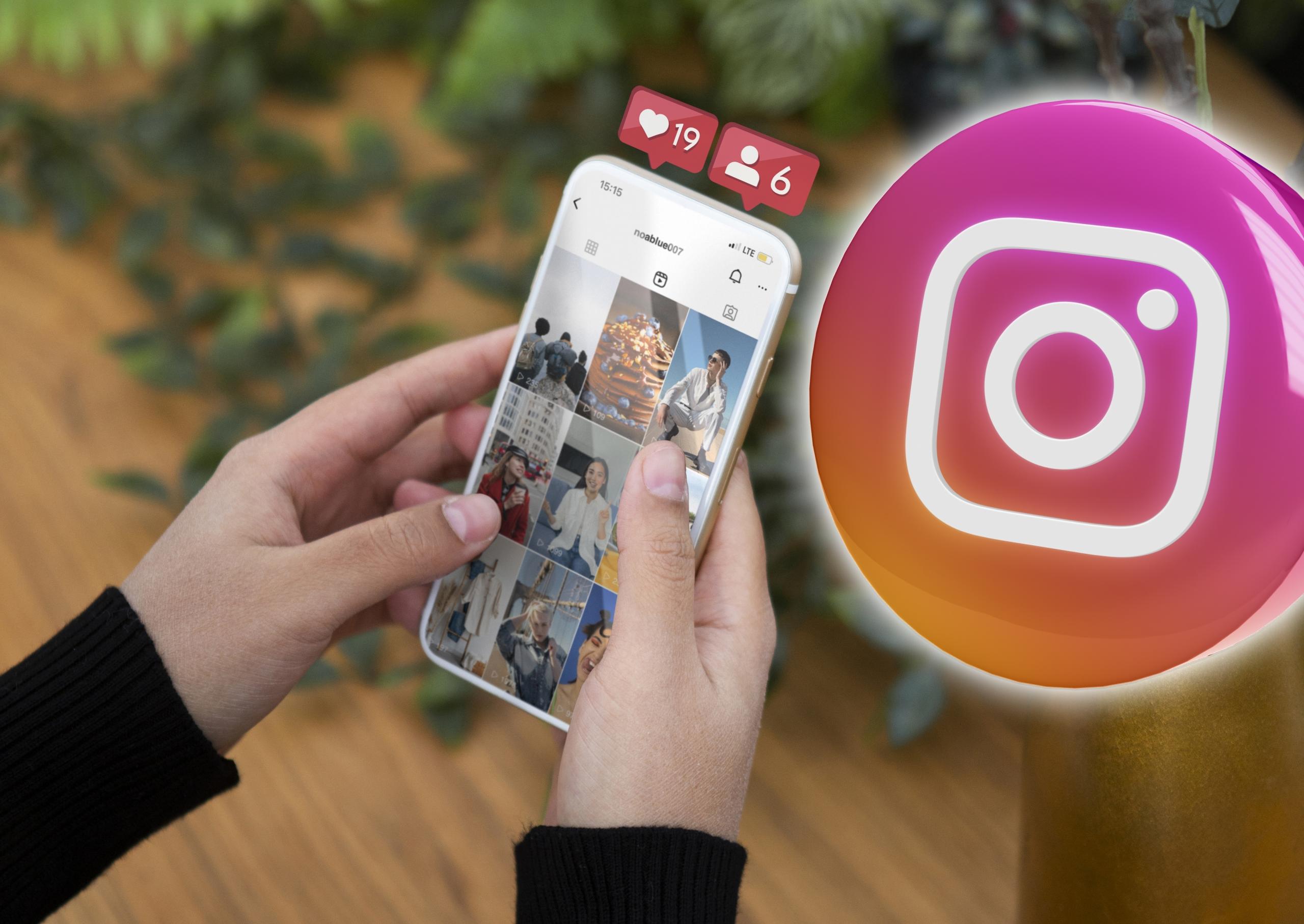 vista de celular con un perfil de instagram y el logo en 3d gigante flotando a un lado