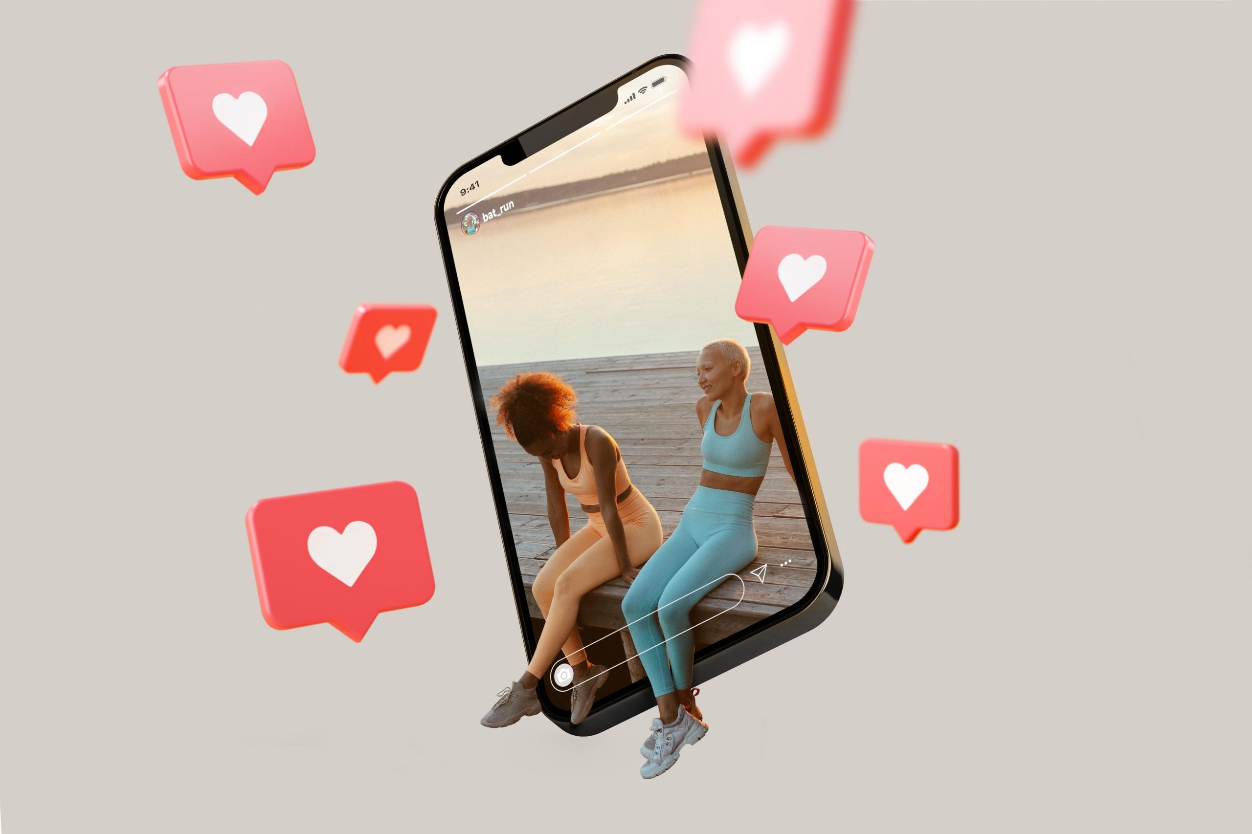 story de instagram que muestra a un par de chicas sentadas al borde del celular con likes flotando alrededor