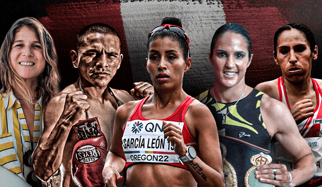 Foto collage de 5 atletas peruanos representantes de diferentes deportes