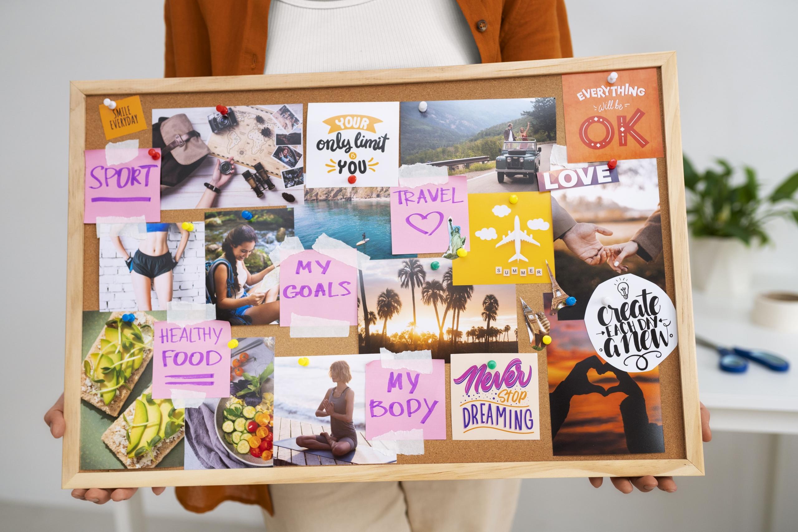 mujer sosteniendo un visionboard con diferentes fotos