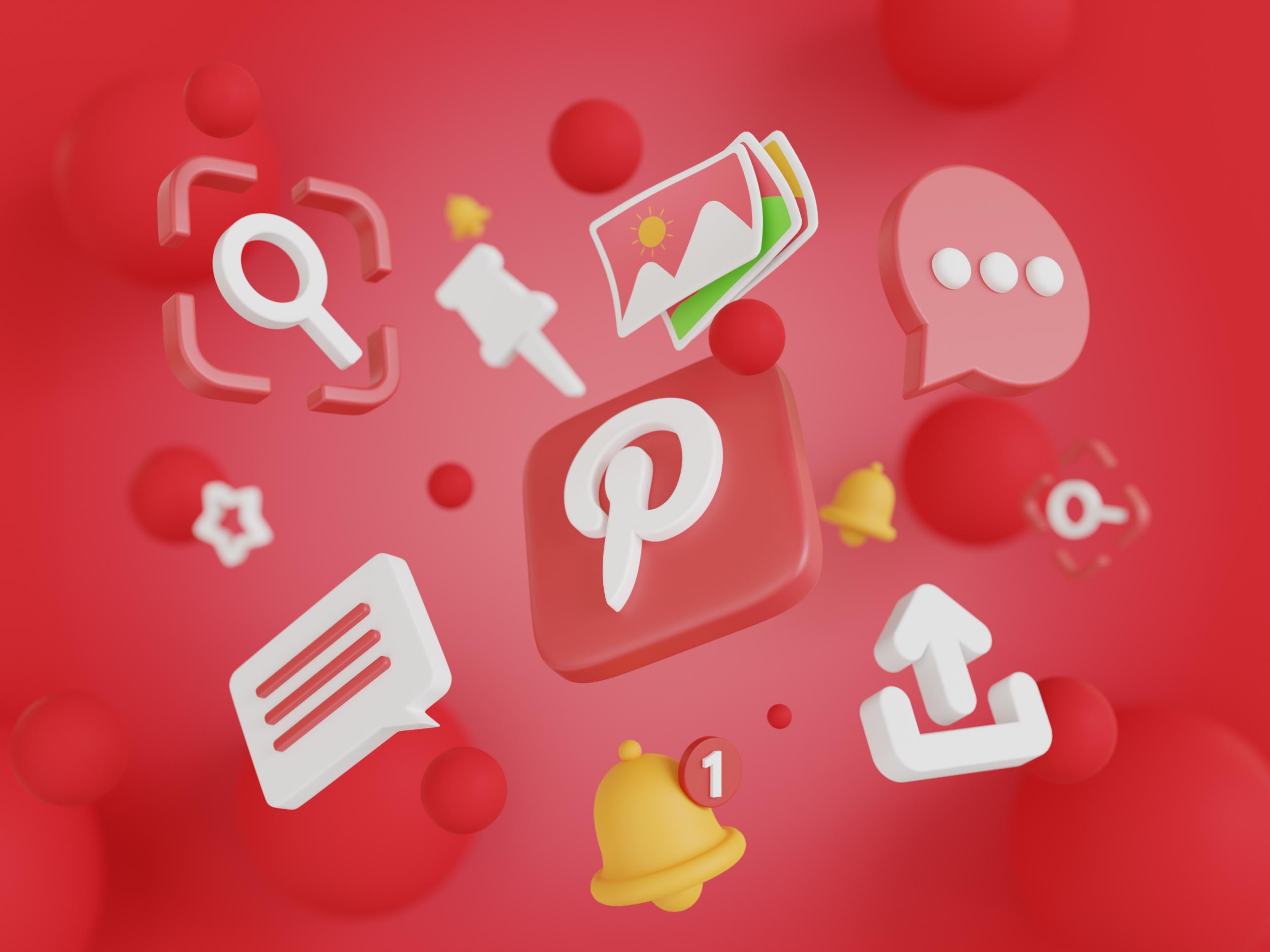 logo Pinterest en 3d con iconos relacionados con la plataforma flotando alrededor