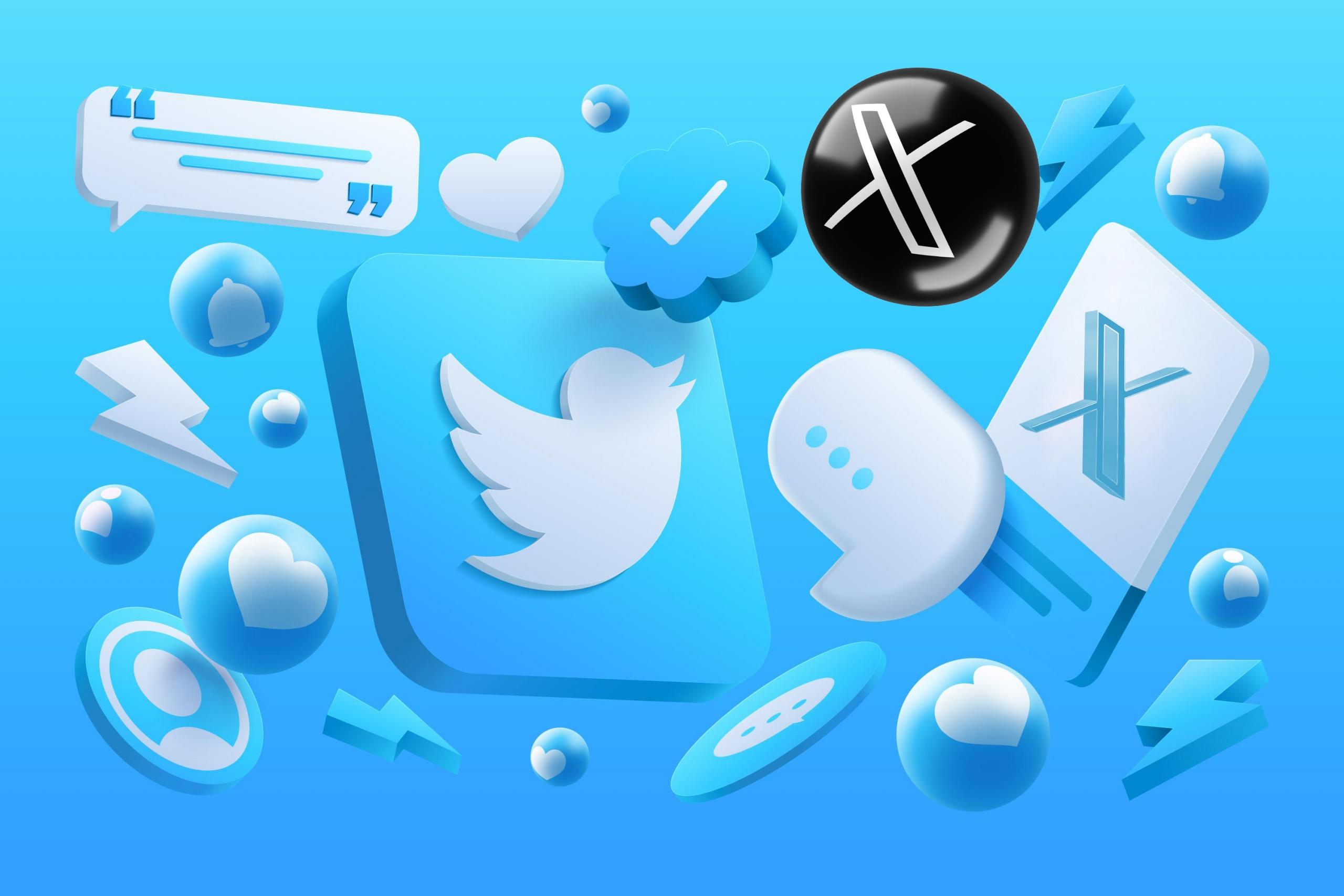 Logo twitter y X flotando alrededor de iconitos relacionados a la plataforma