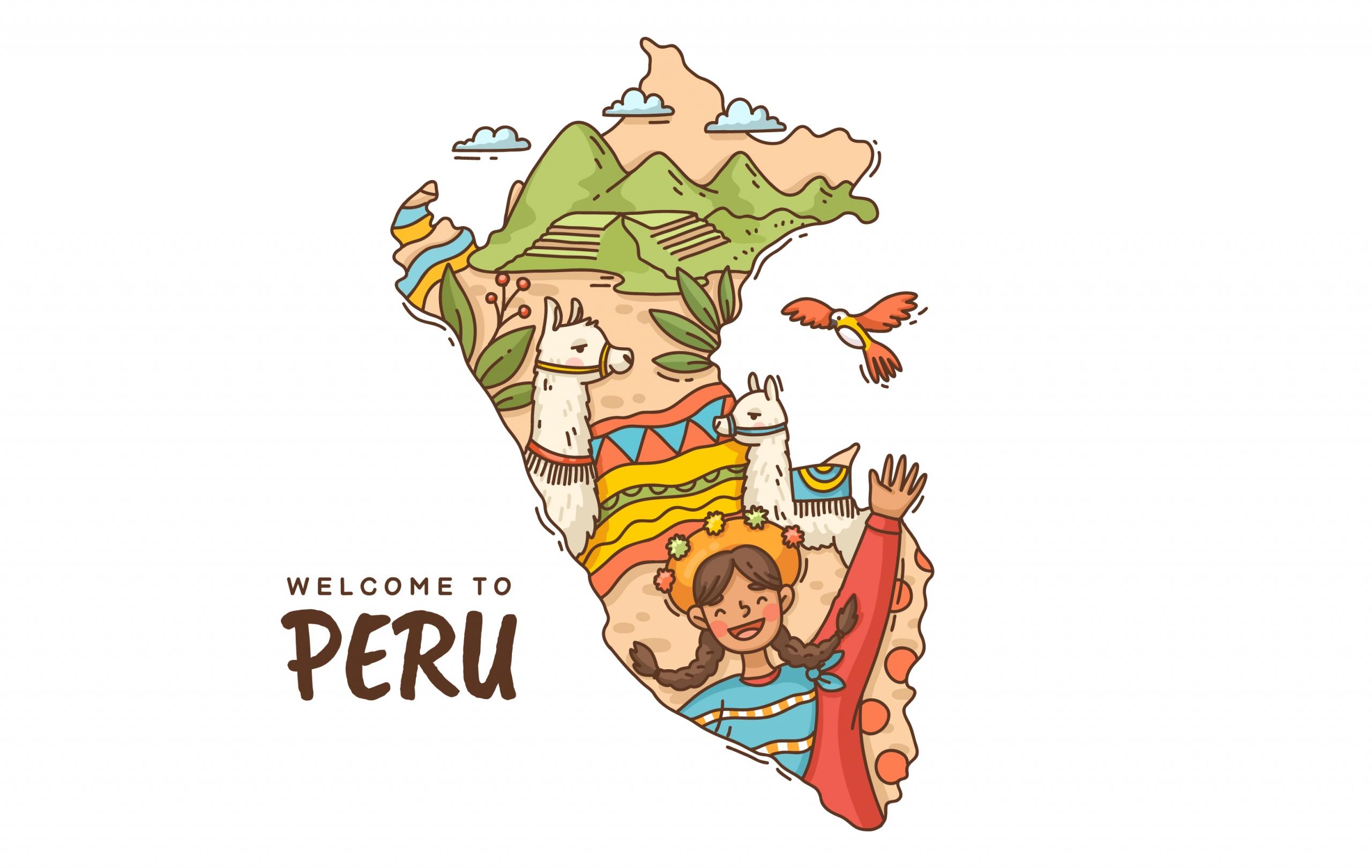 ilustración del mapa de peru con llamitas, macchu pichu, llamitas y mujer saludando sonriente junto a la frase WELCOM TO PERU
