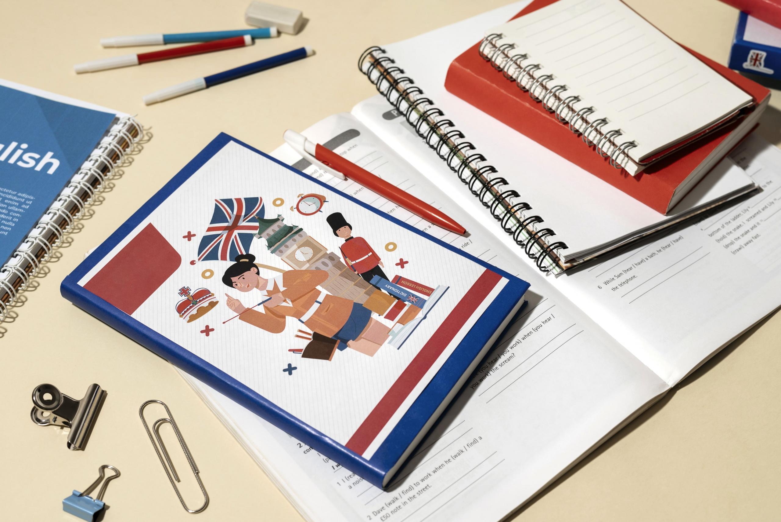 libros y cuadernos abiertos sobre un escritorio con la portada de un libro con dibujitos de inglaterra
