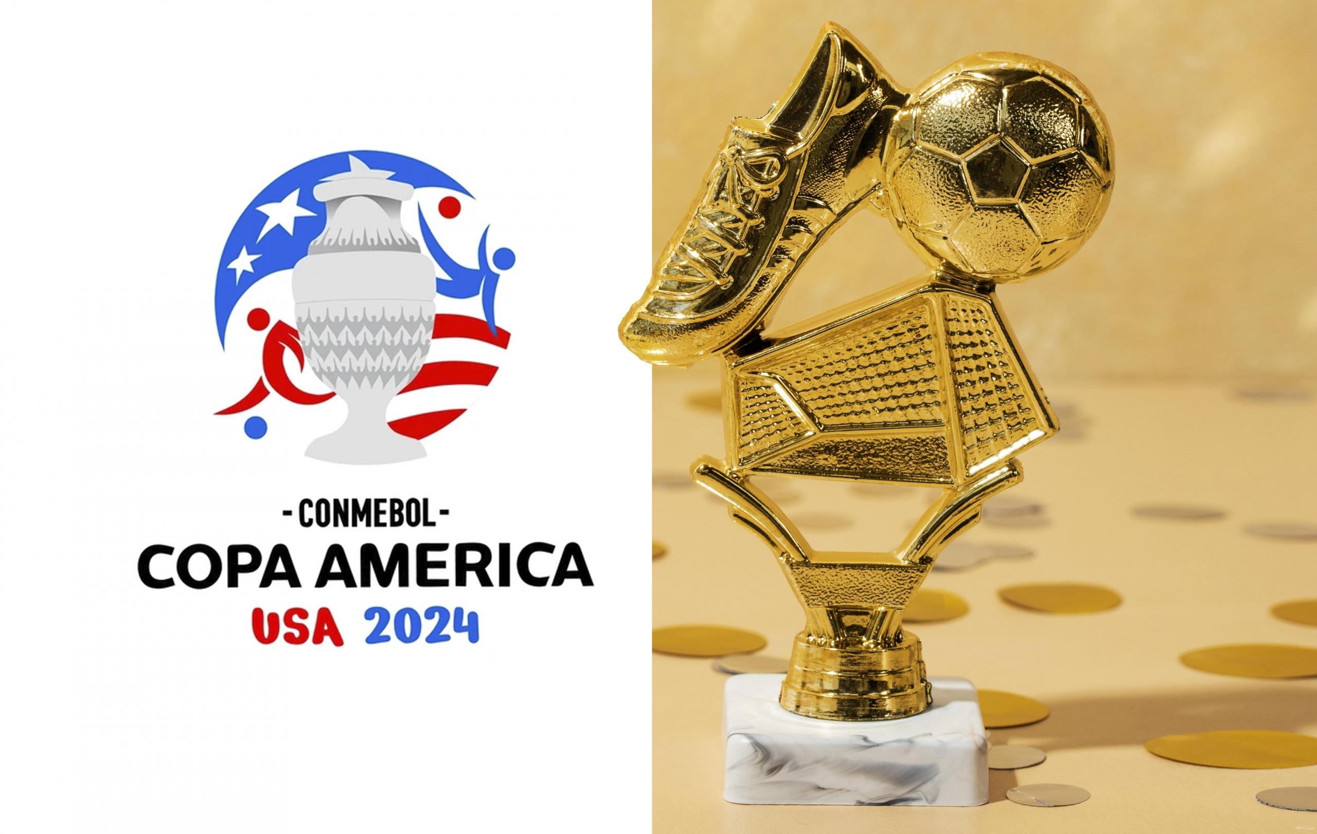 logo de la copa america 2024 y trofeo dorado de futbol