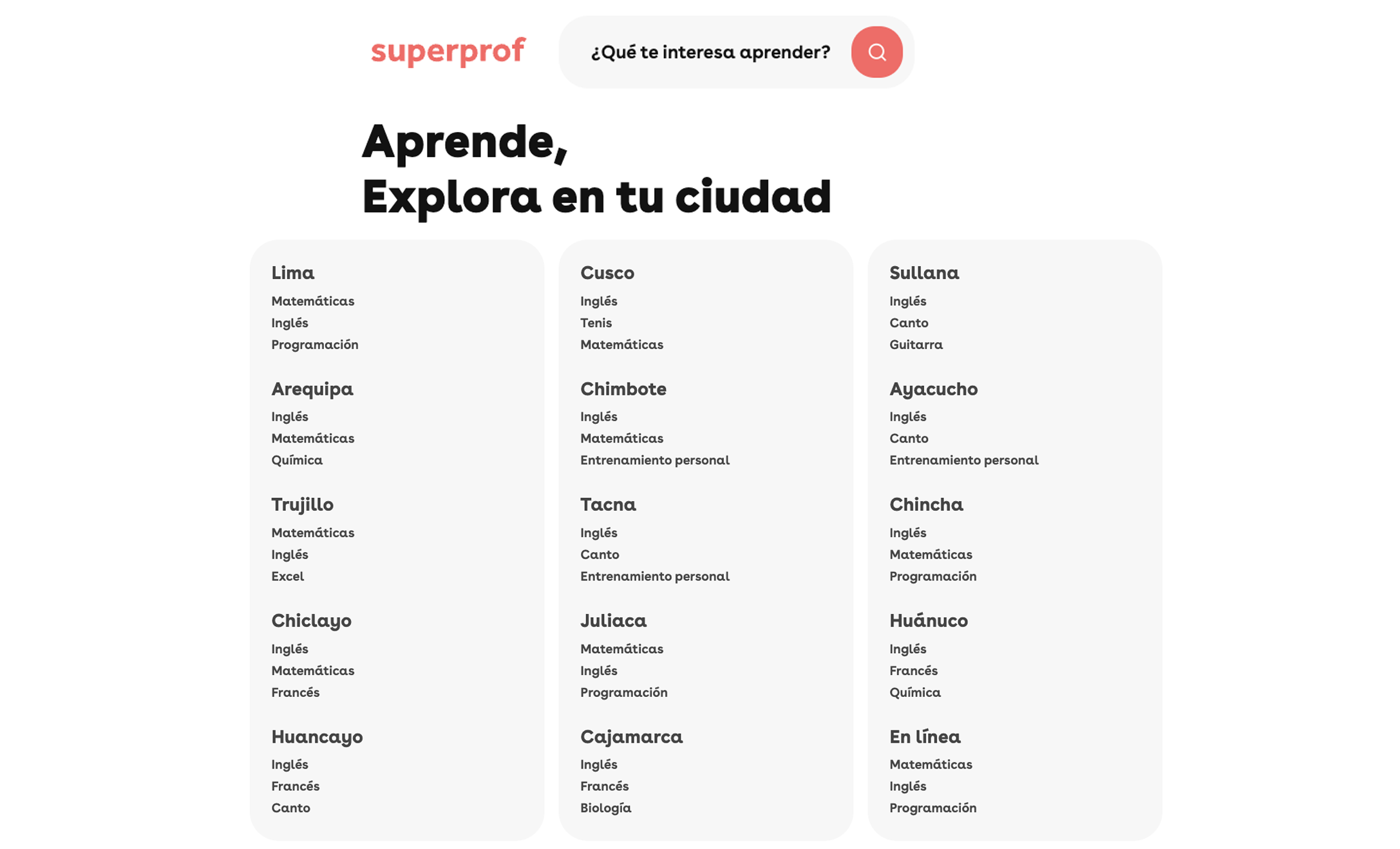 vista de web superprof con las diversas materias en las ciudades del peru