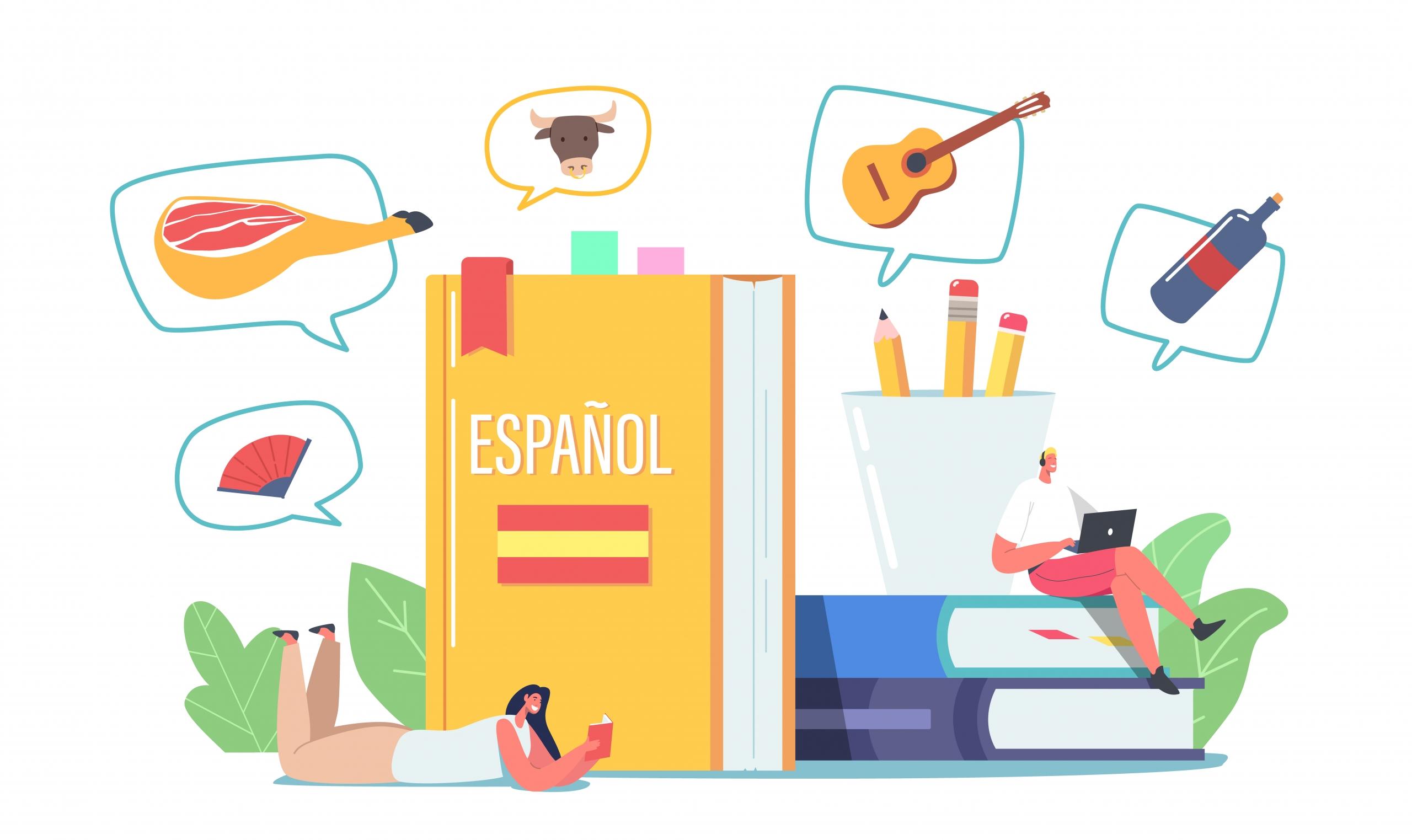 ilustración de libro de español con personitas y objetos representativos alrededor