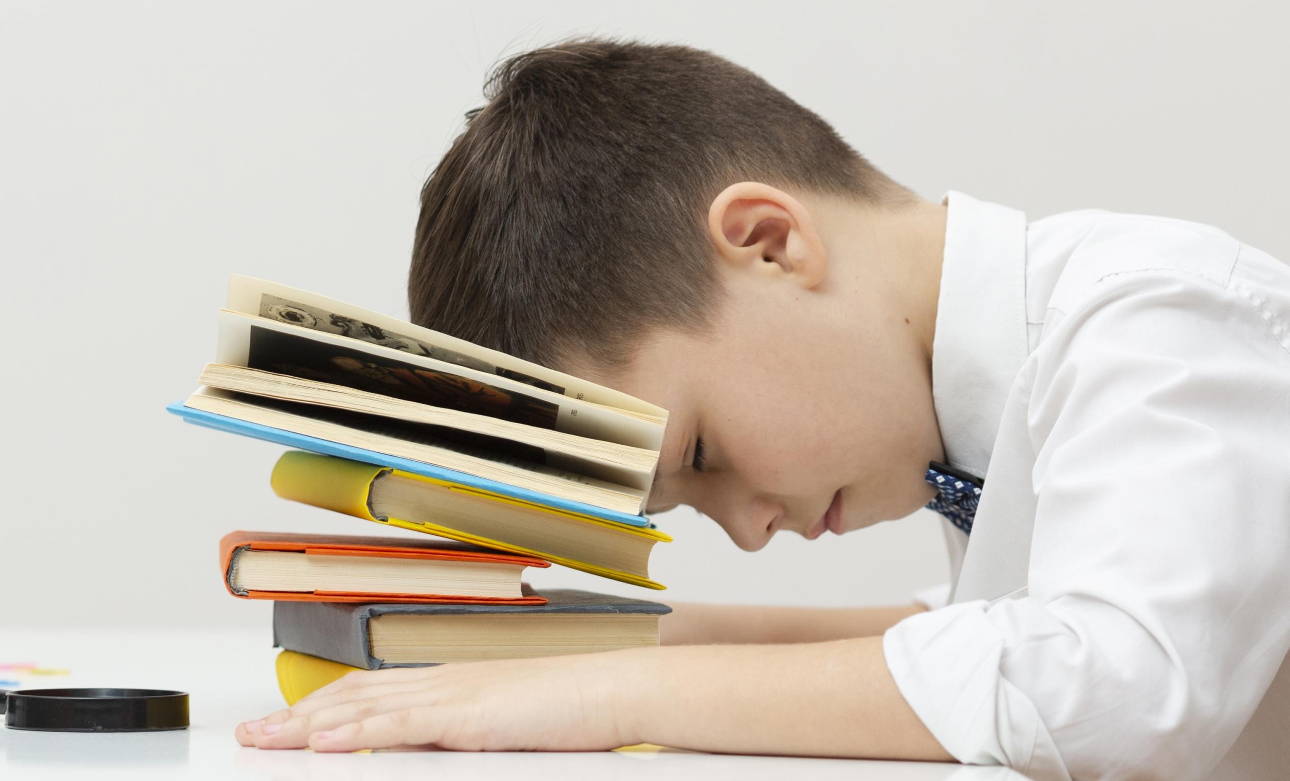 niño ofuscado con la cabeza sobre los libros