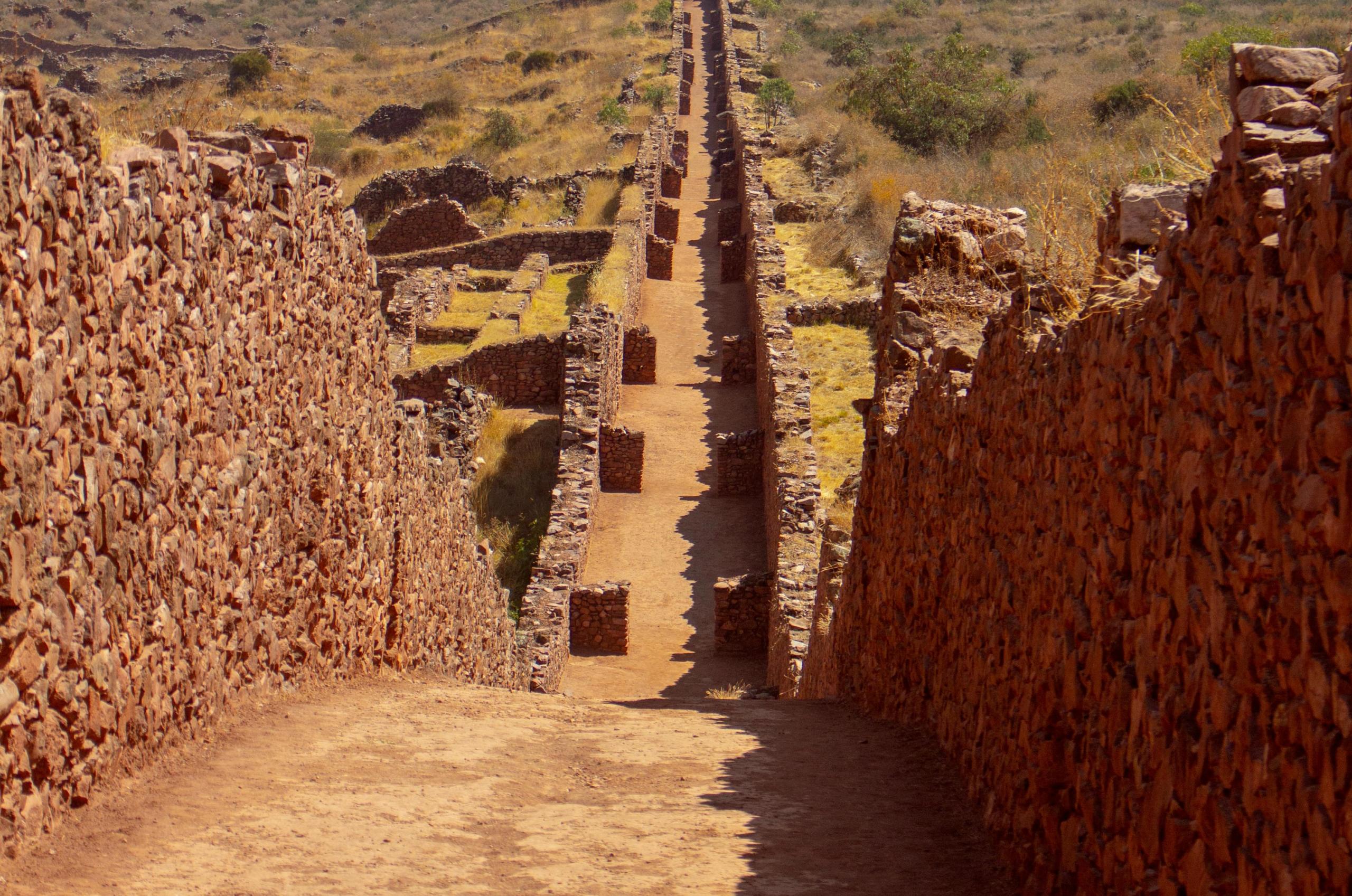 vista de un extenso camino inca con muros de piedra
