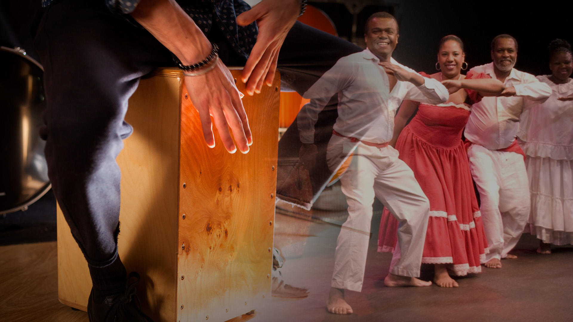 vista de manos tocando el cajon con una transparencia en la que se ve bailarines afroperuanos