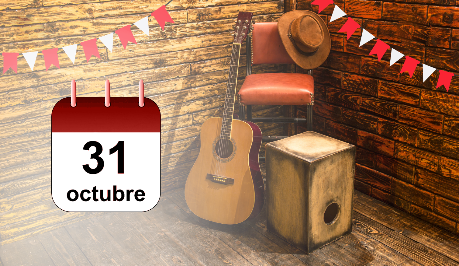 guitarra y cajon en una silla esquinada junto a banderines de Perú y un calendario con la fecha 31 de octubre