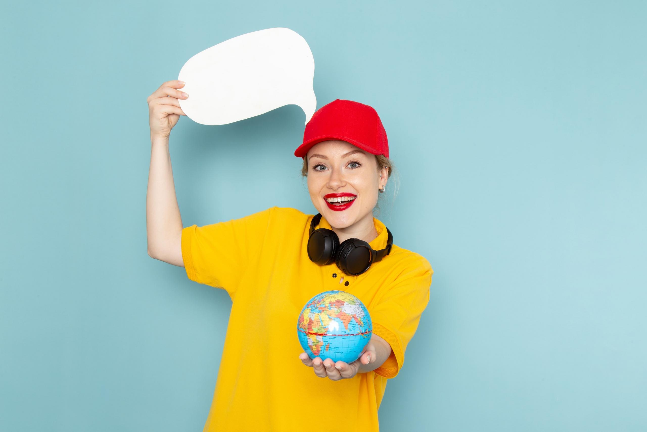 chica sosteniendo globo terraqueo y un cartel en forma de globo de dialogo