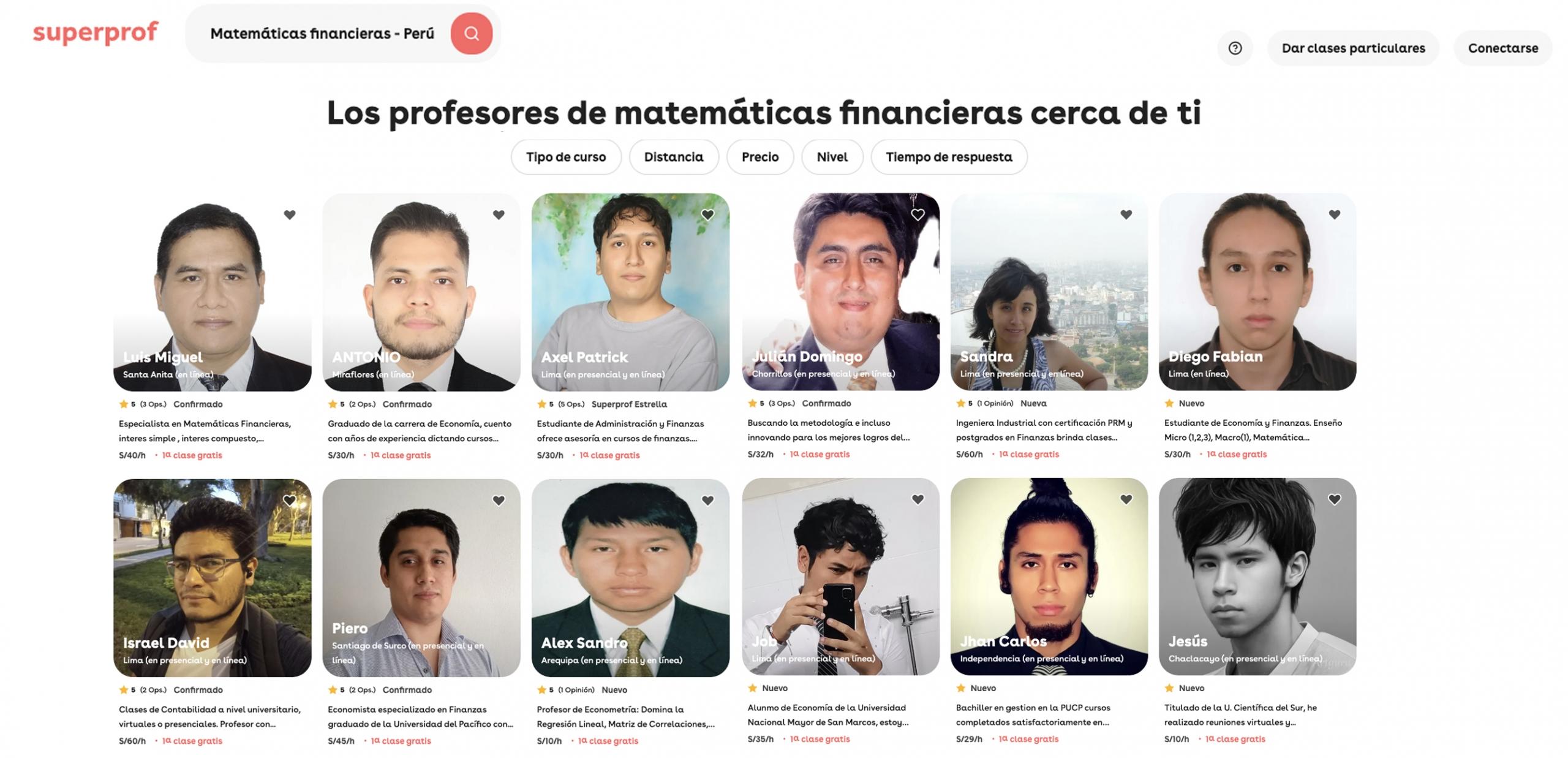 vista de profesores de matemáticas financieras en los resultados de búsqueda de Superprof Perú