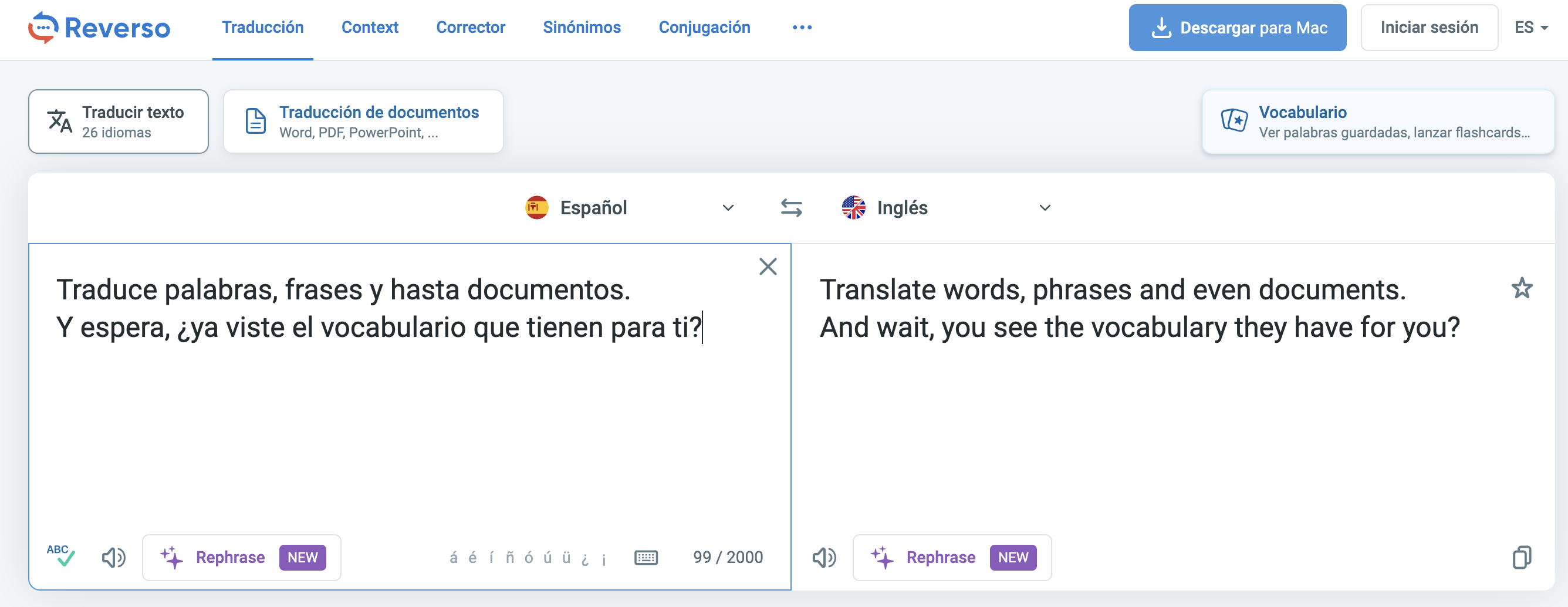 vista de la pagina traductor Reverso con la frase en inglés y español: Traduce palabras, frases y hasta documentos. Y espera, ¿ya viste el vocabulario que tienen para ti?