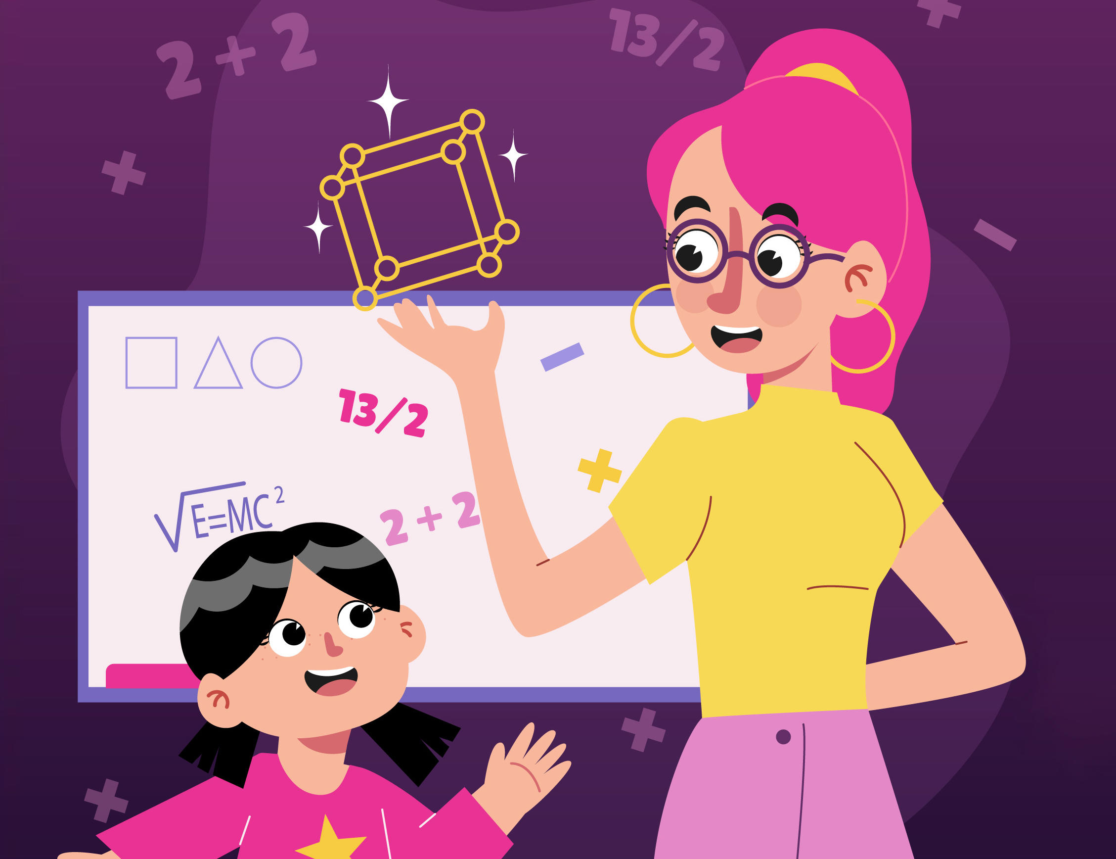 ilustración de profesora y alumna con números y símbolos matemáticos flotando alrededor