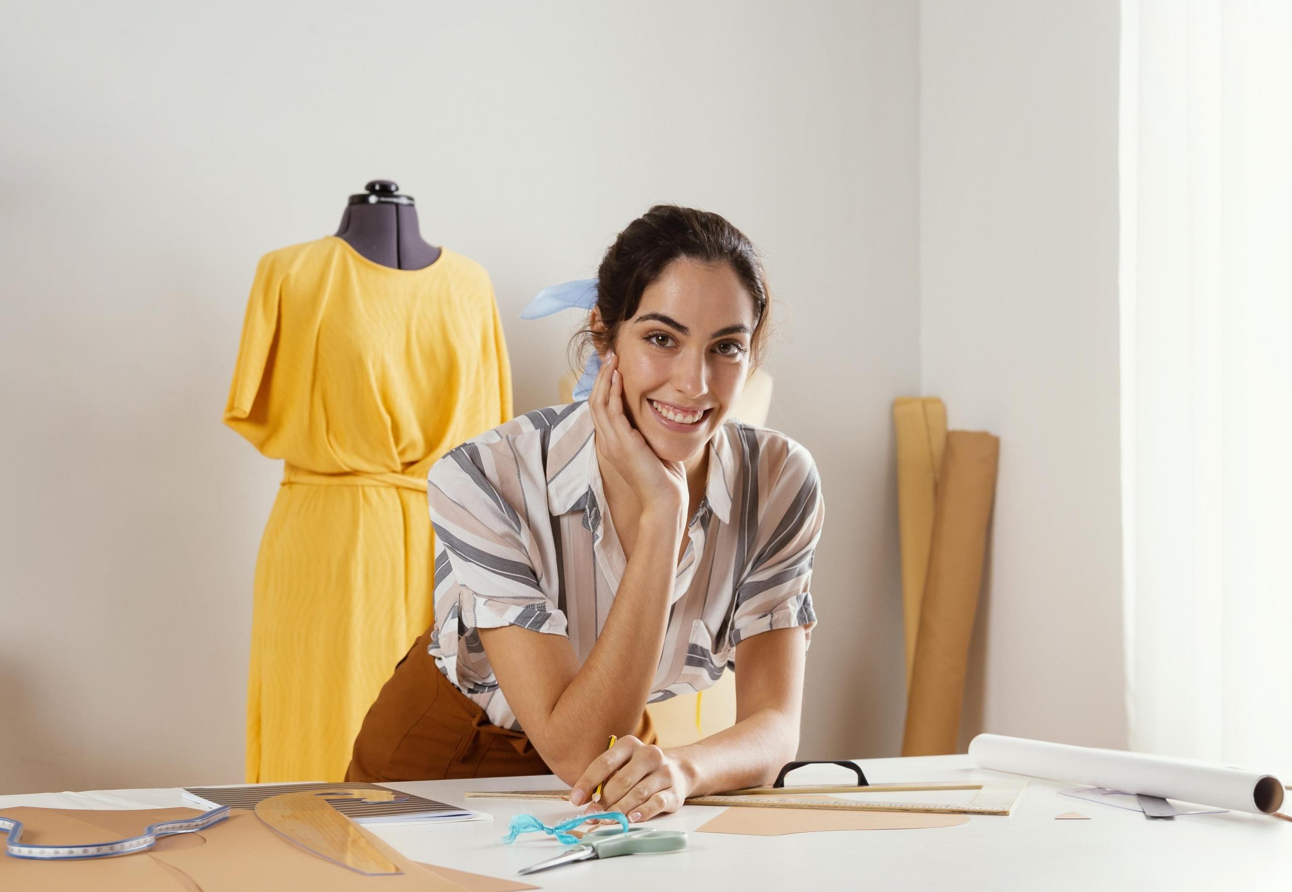 chica sonriente mirando a la camara con traje y bocetos de diseños esparcidos en la mesa