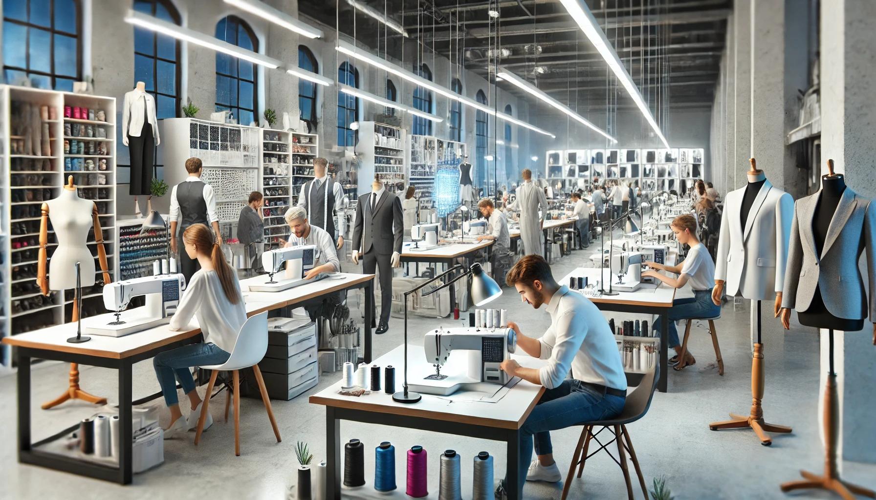planta de confección con hombres y mujeres sentados en sus máquinas junto a maniquís y estantes llenos de telas e hilos