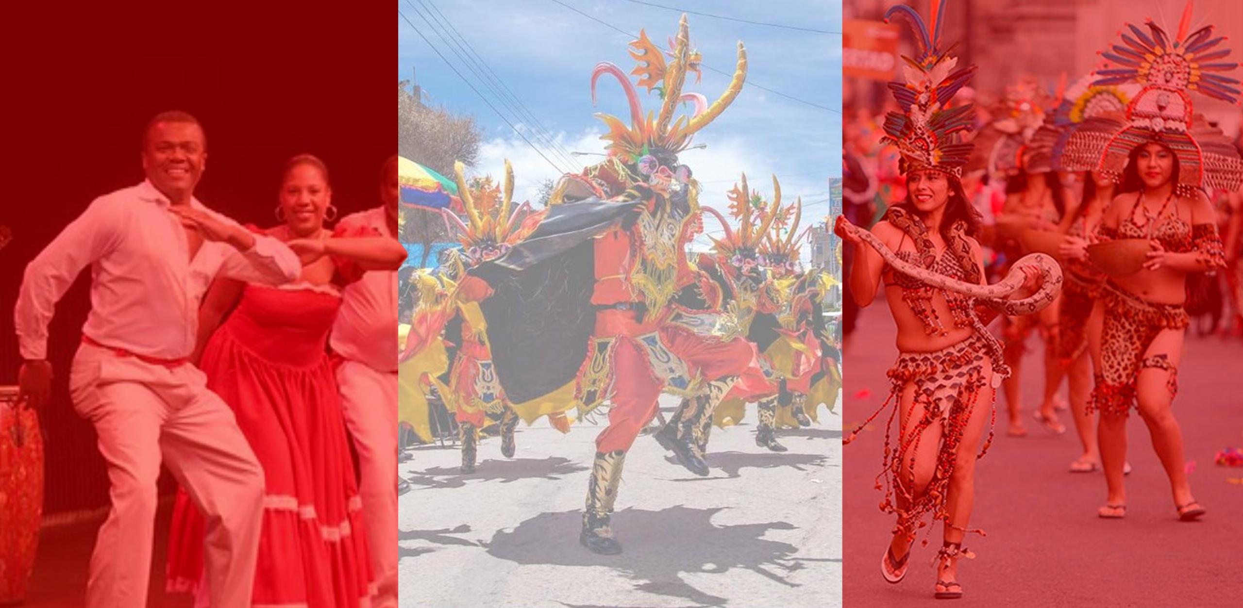 vista de 3 danzas típicas peruanas formando la bandera del Perú con los colores sobreexpuestos en ellas