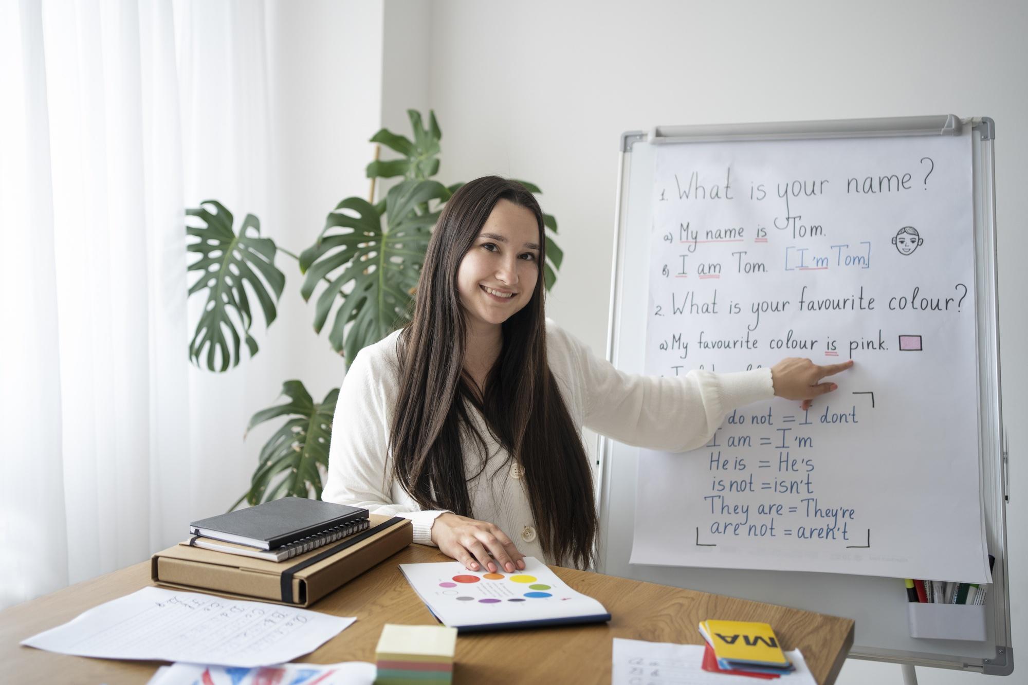 maestra de inglés señalando la pizarra con oraciones escritas