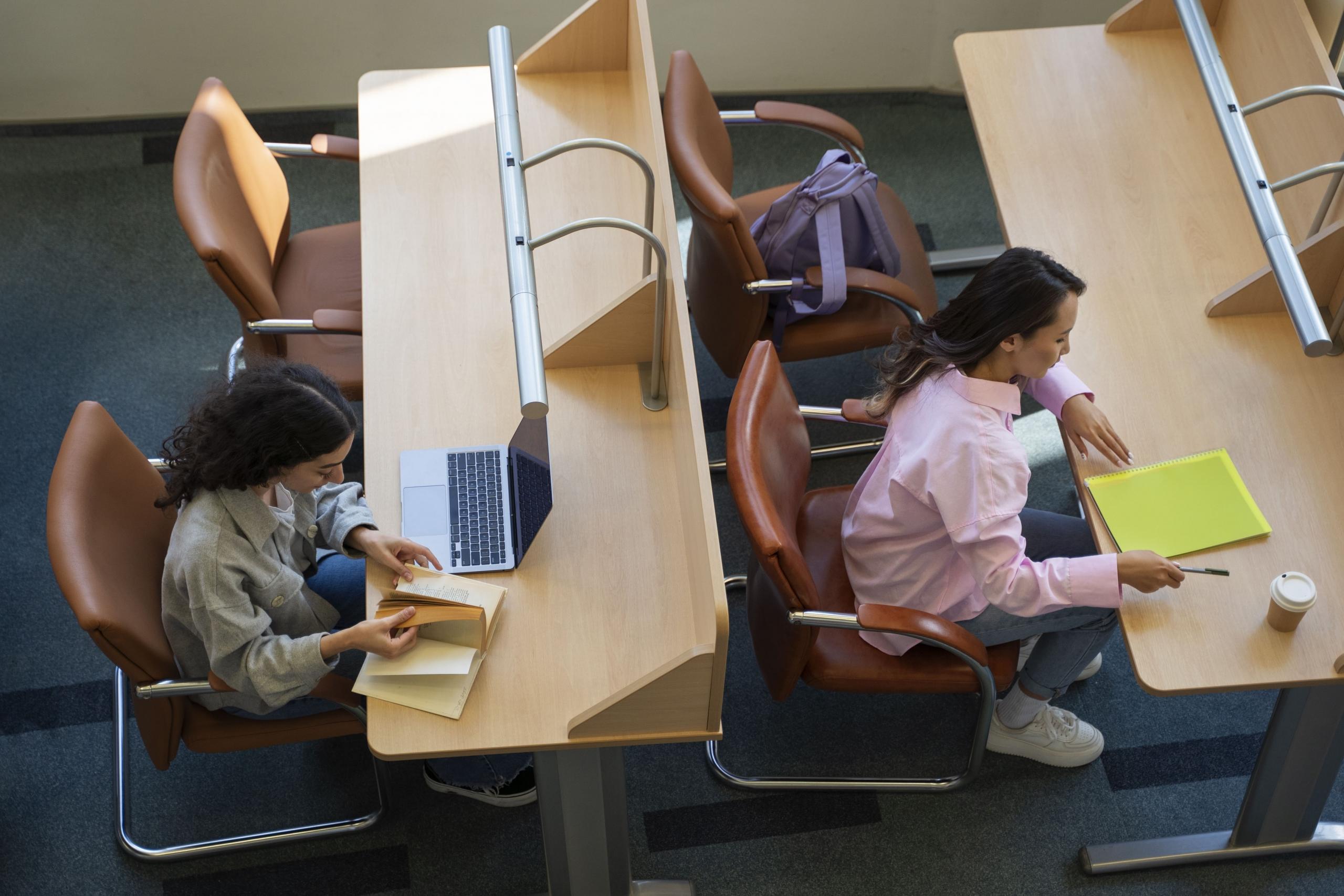 vista cenital de dos estudiantes sentadas cada una en un escritorio estudiando
