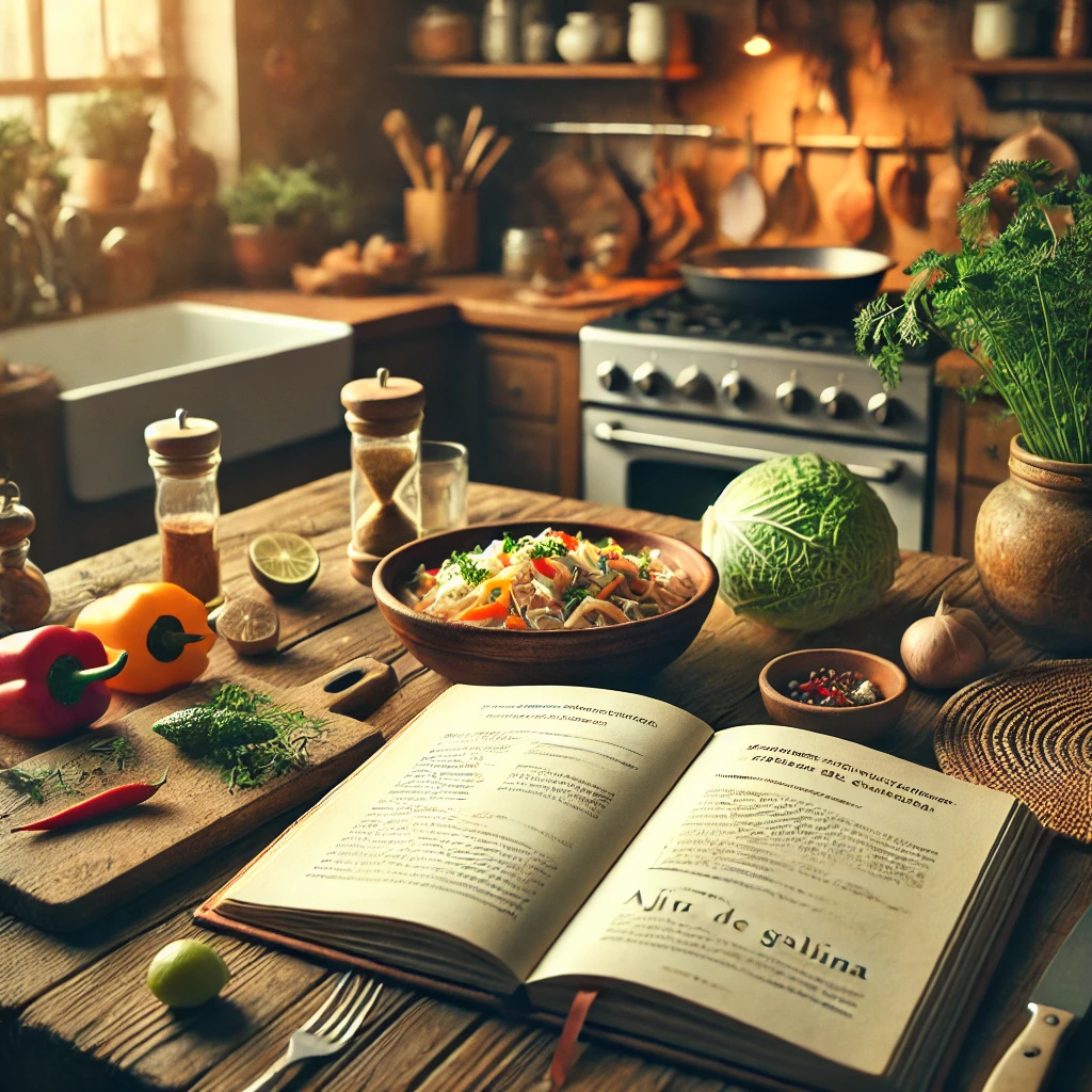 imagen ilustrada de cocina con un libro de recetas peruanas abierto sobre la mesa junto a los ingredientes