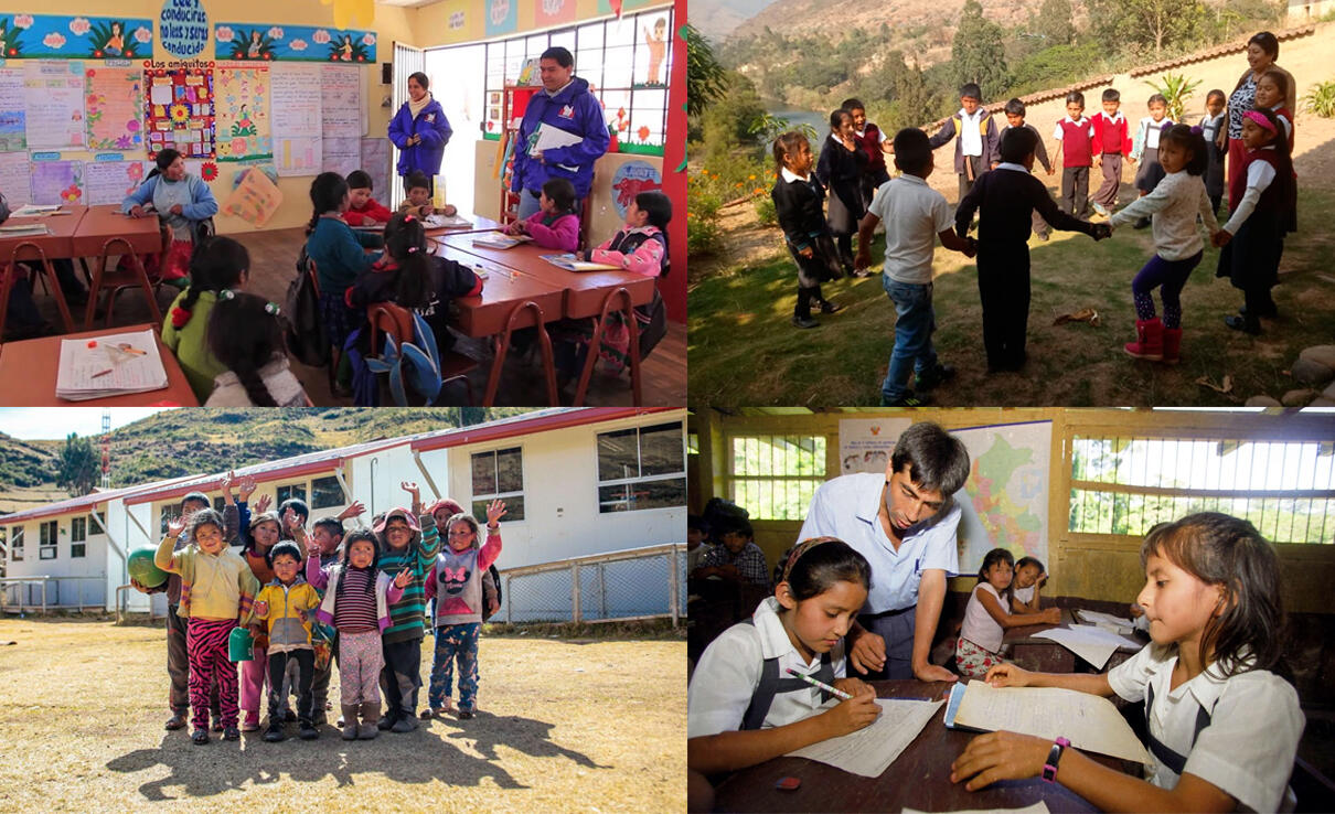 collage con 4 fotos de niños y escuelitas de las zonas rurales del Perú