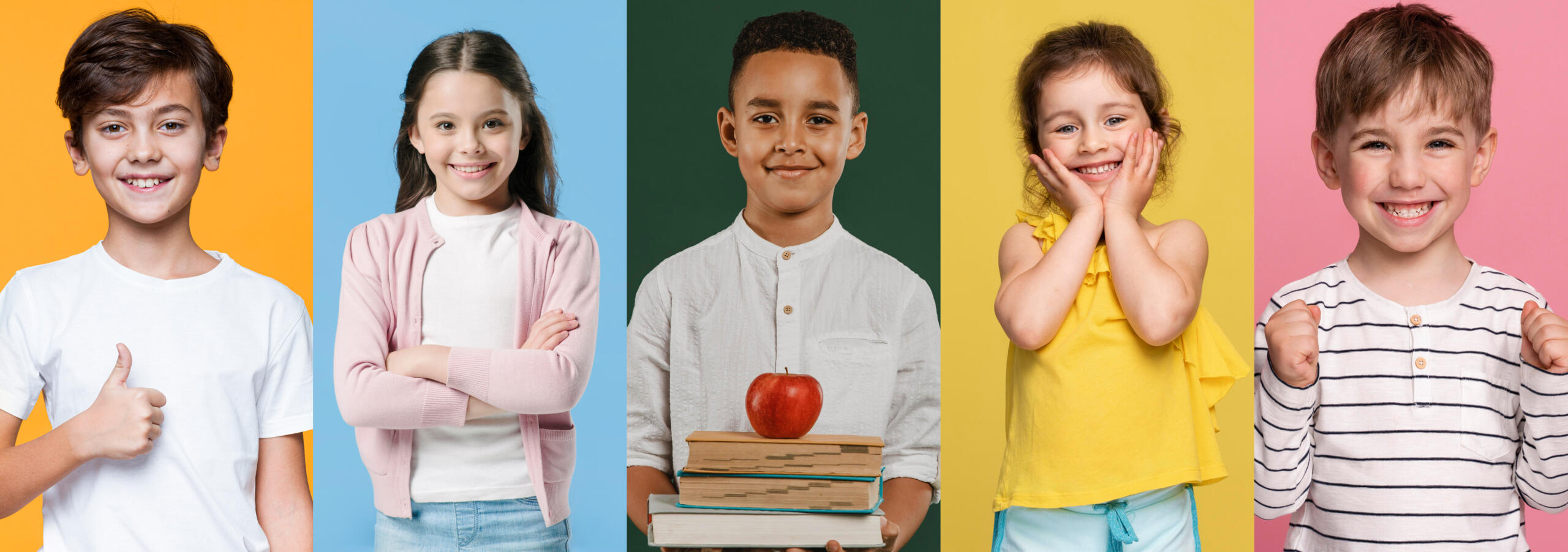 vista de 5 niños sonrientes con fondos de colores diferentes.