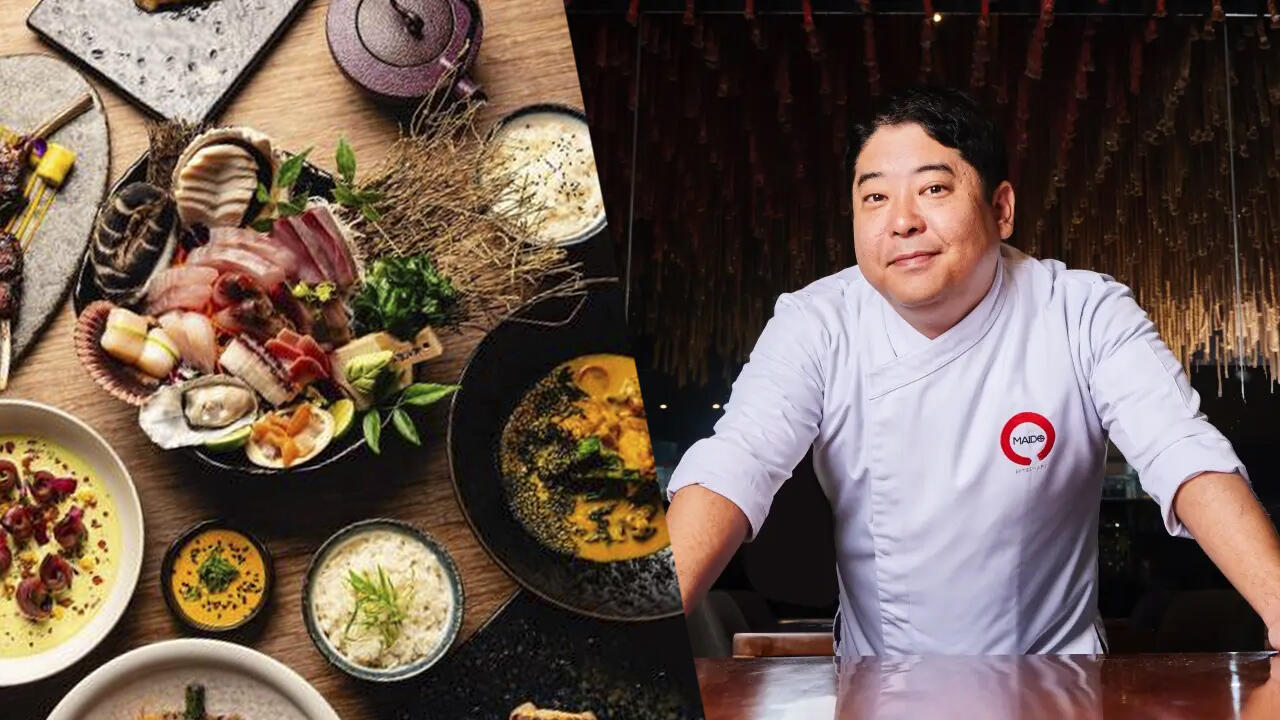Foto de Mitsuharu Tsumura junto a una foto de cenital de algunos de sus platos en Maido