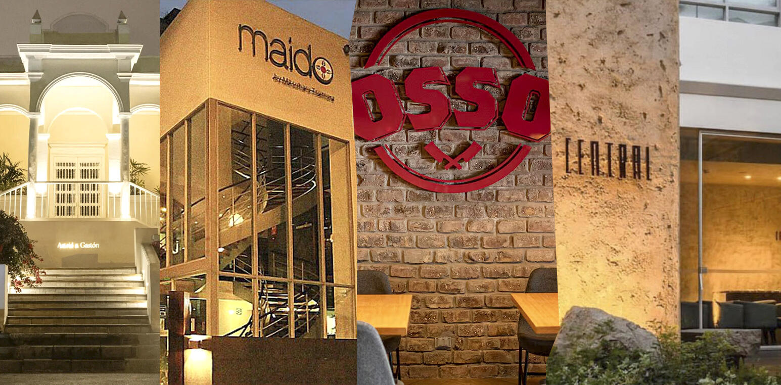 collage con foto de las fachadas de los restaurantes: Atrid&Gastón, Maido, OSSO y Central