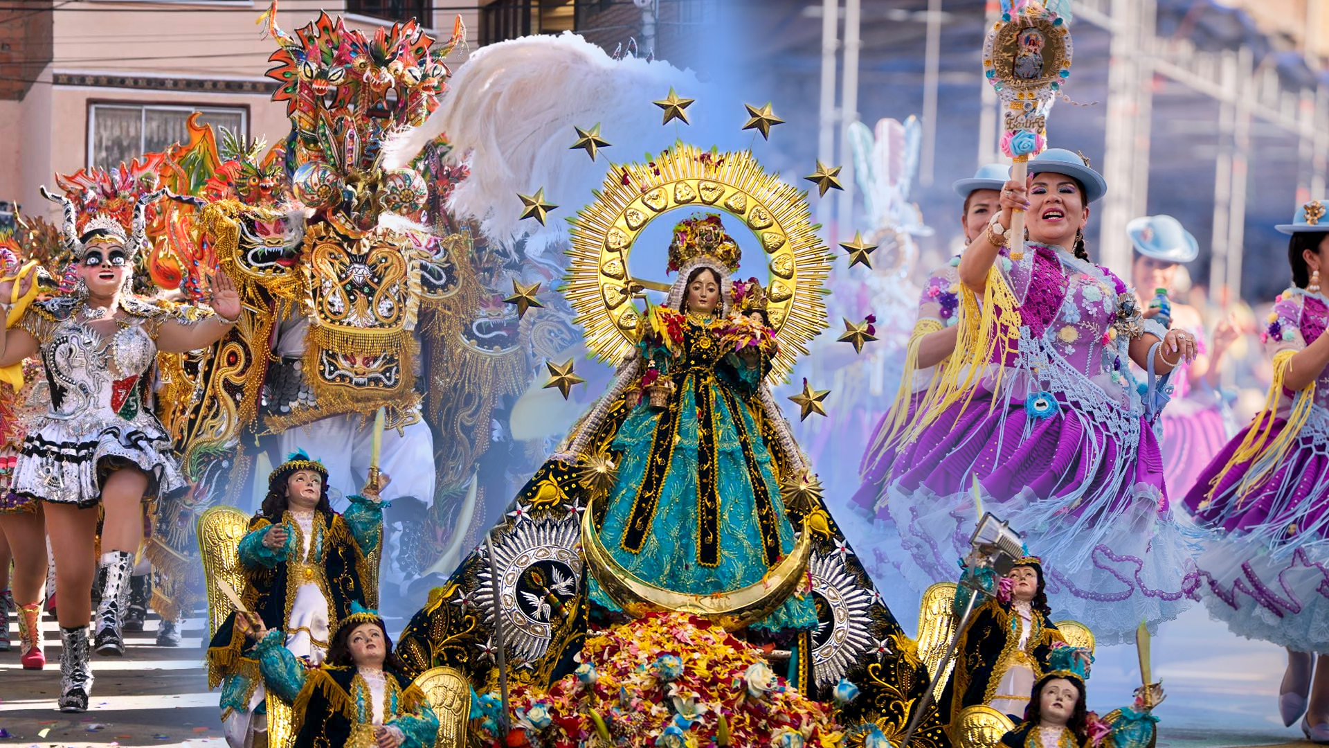 collage con la imagen de la virgen de la Candelaria al medio y 2 fotos diferentes de danzas de esta festividad