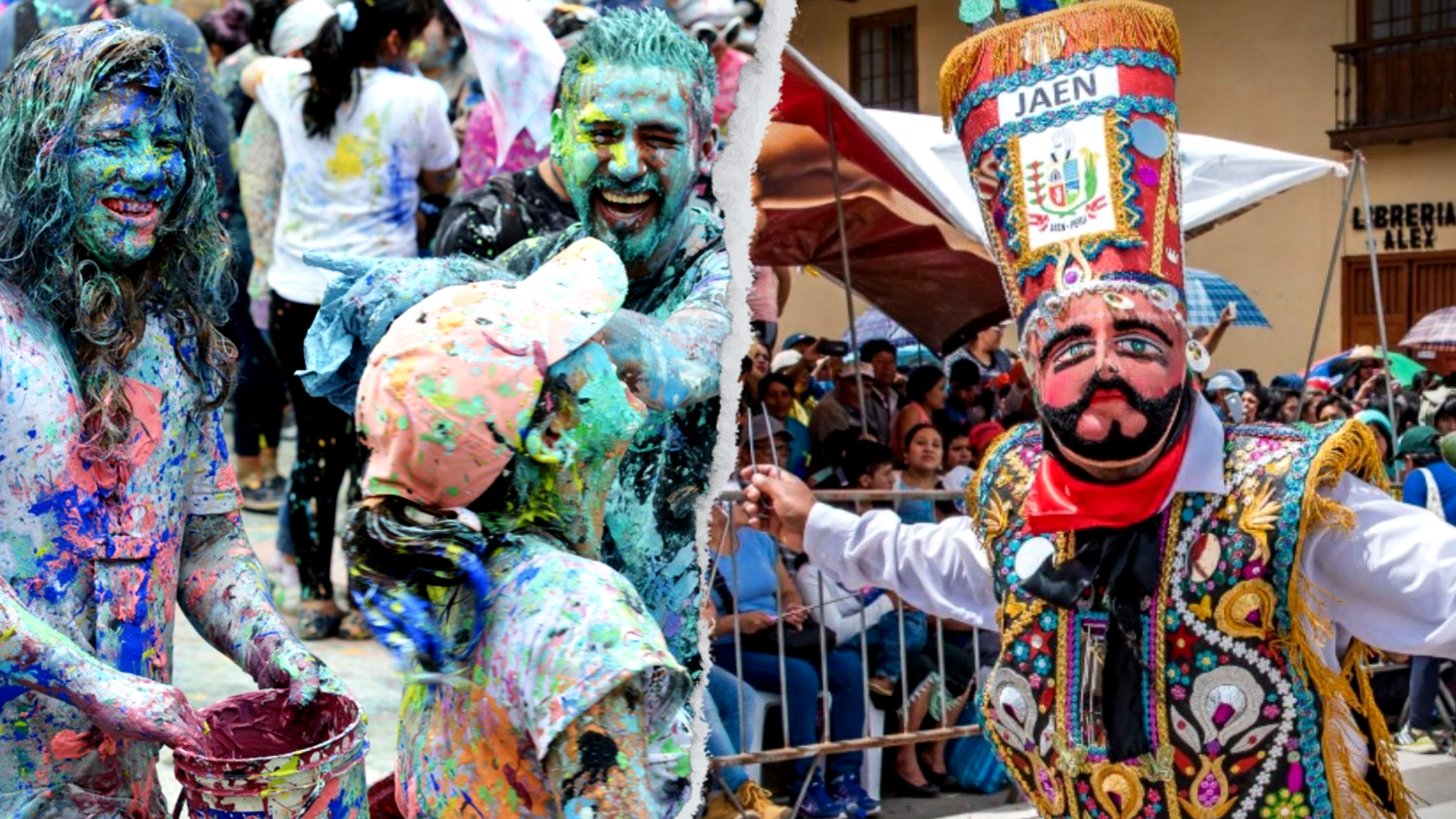 collage con dos fotos de los carnavales cajamarquinos
