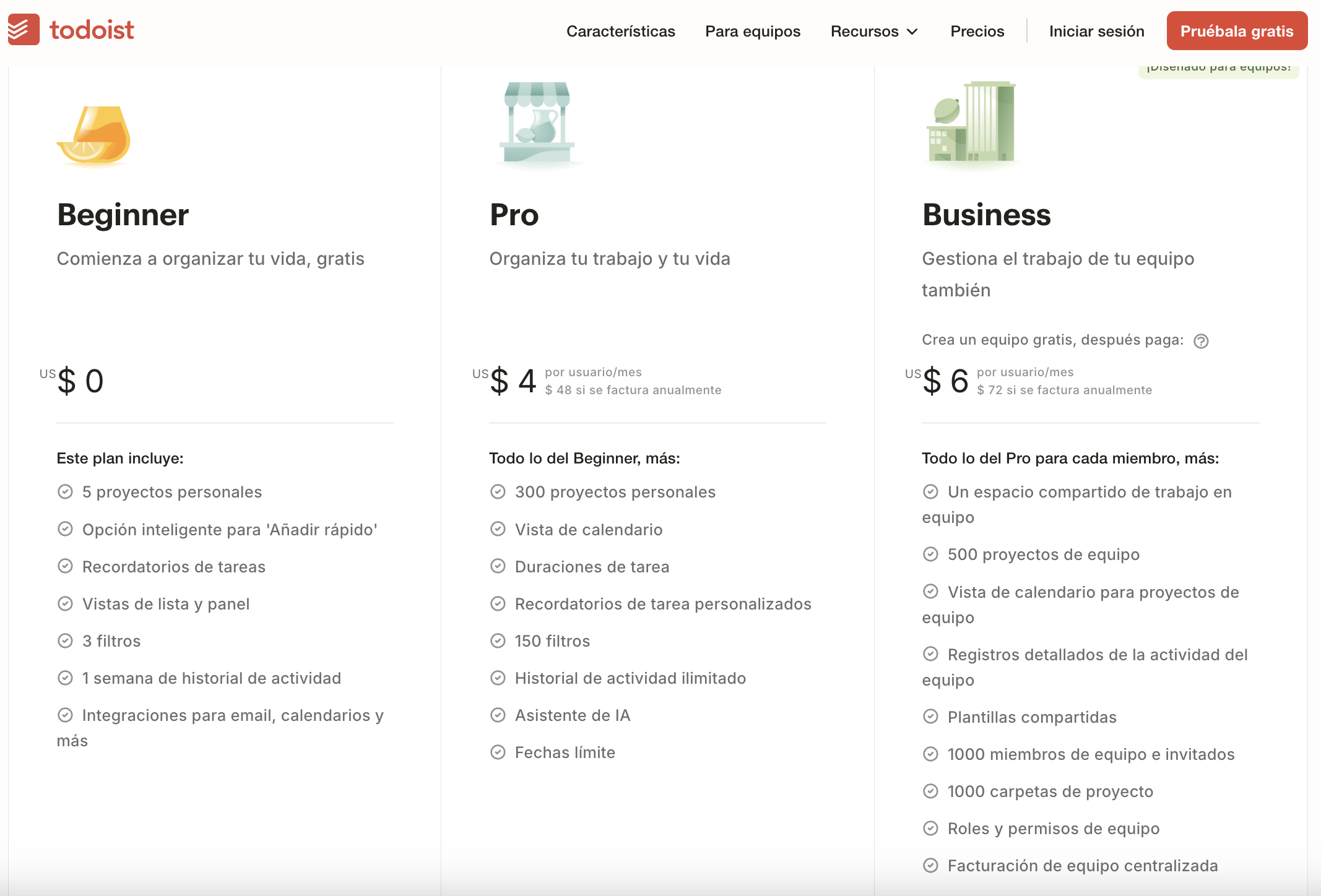 print con la vista informativa de los planes Beginer, Pro y Professional de Todoist