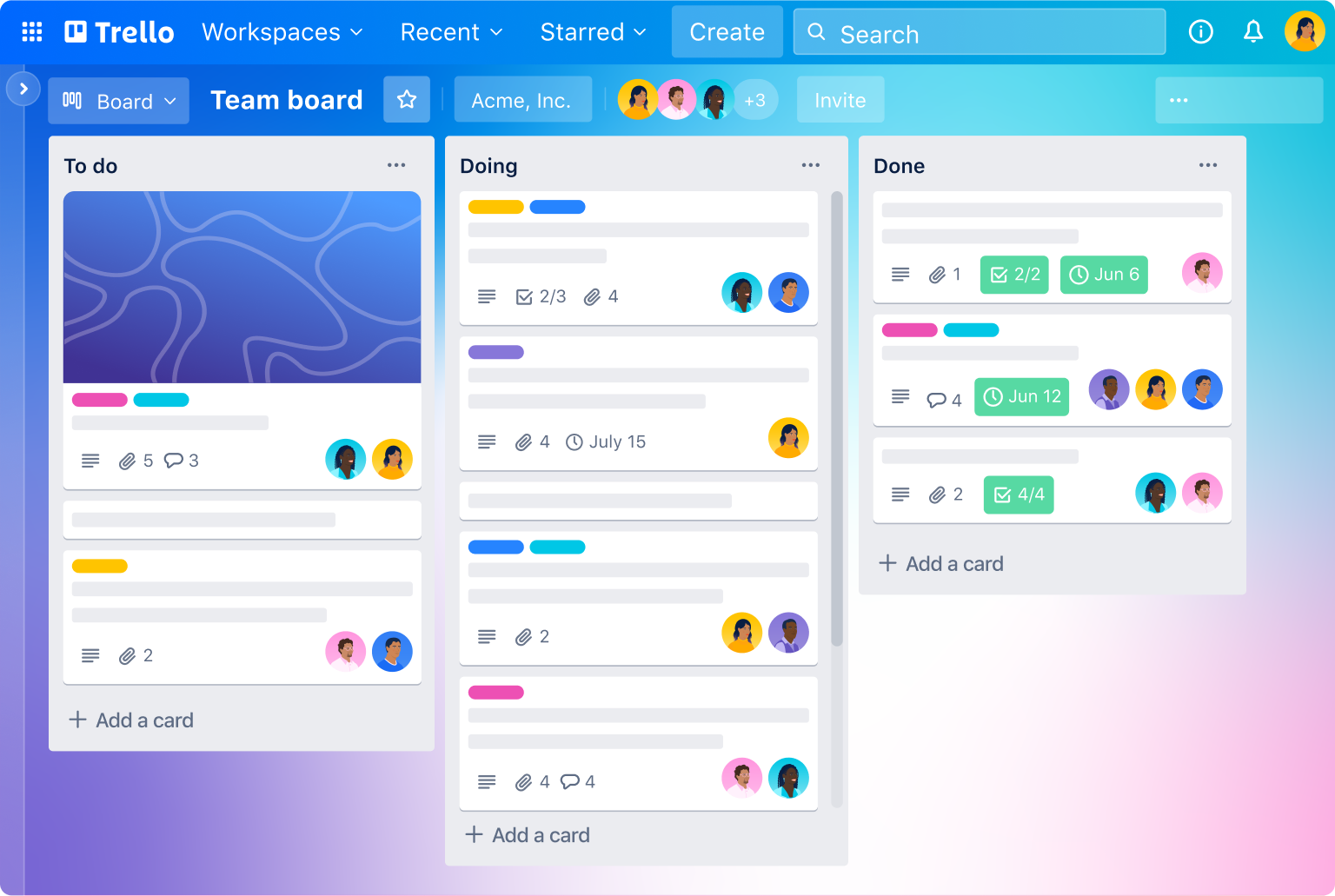 tablero de trello simulado con tareas en progreso