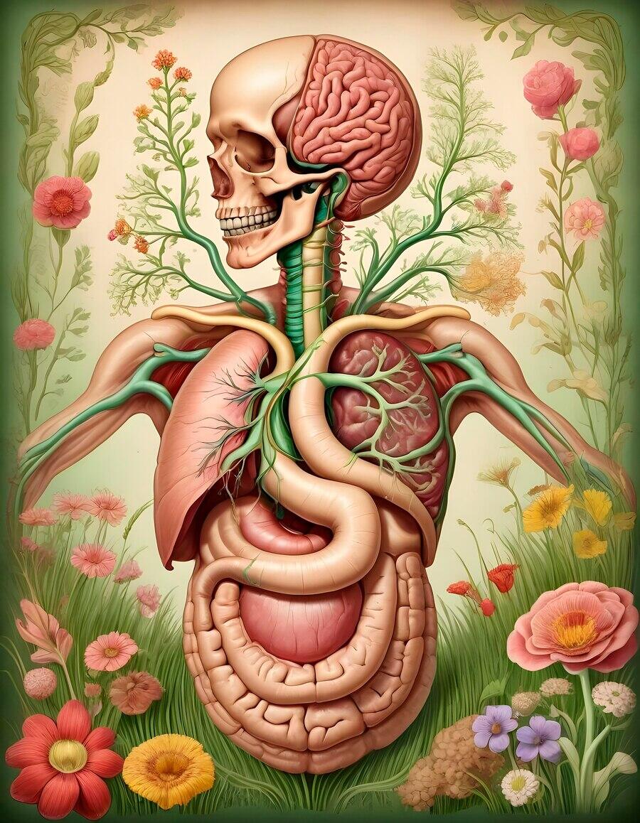 ilustracion con vista de los organos y partes del cráneo