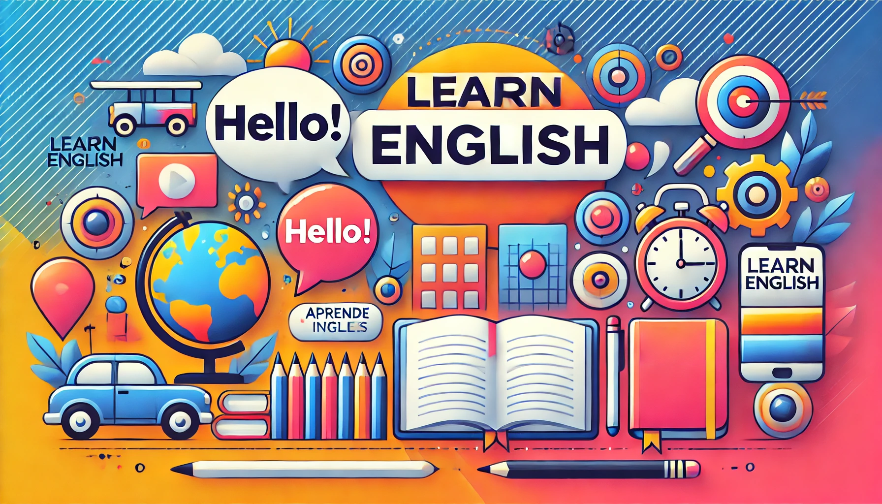 ilustración colorida con diferentes iconos: libros, lapices, reloj, globitos con textos en inglés: HELLO, LEARN ENGLISH