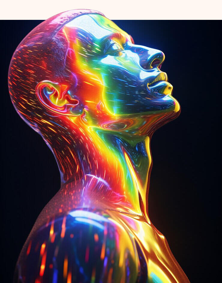 cuerpo humano multicolor con la mirada hacia arriba saliendo del cuadro