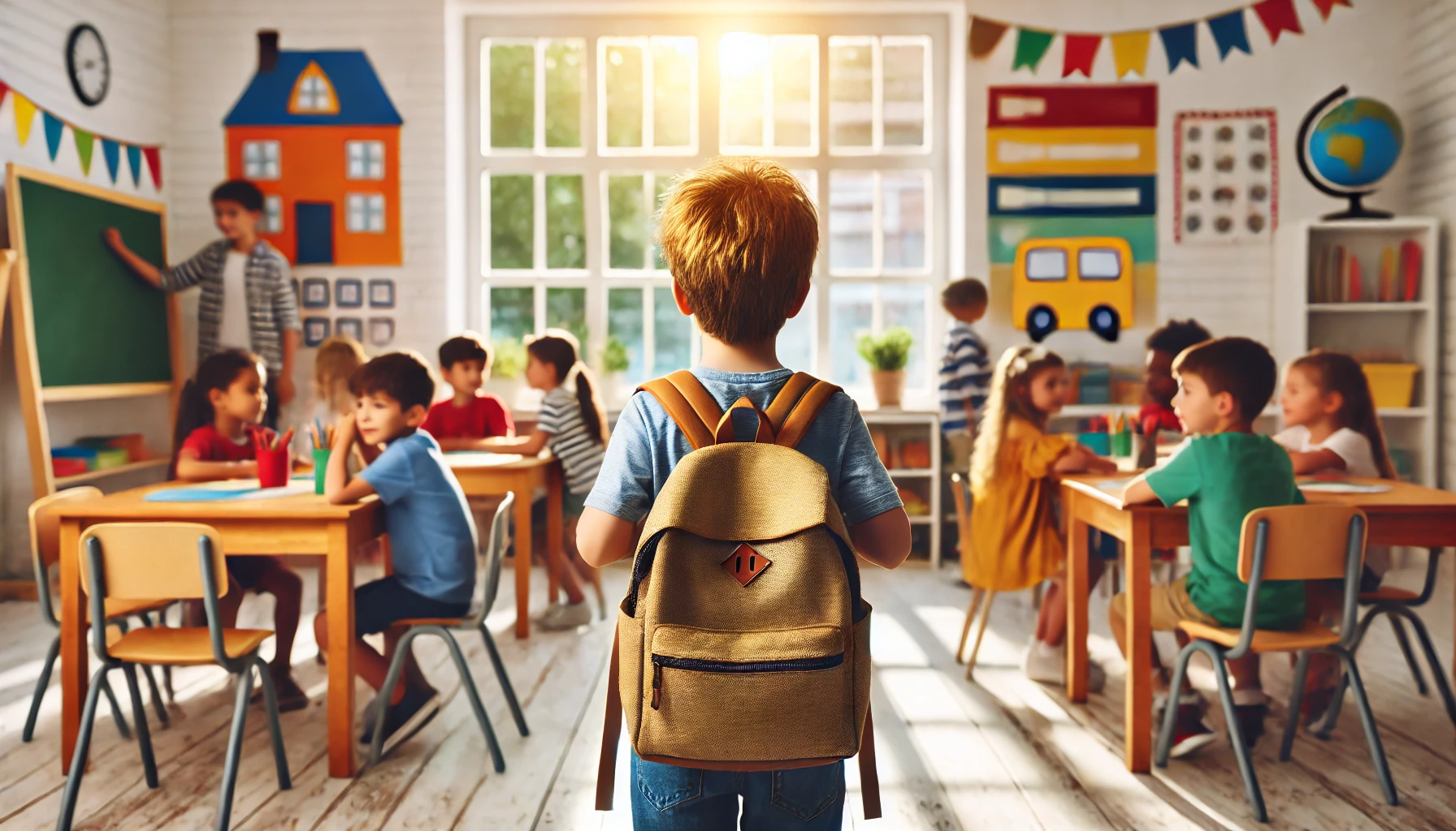 niño con su mochila parado de espaldas frente a su clase con otros compañeros sentados en las mesas