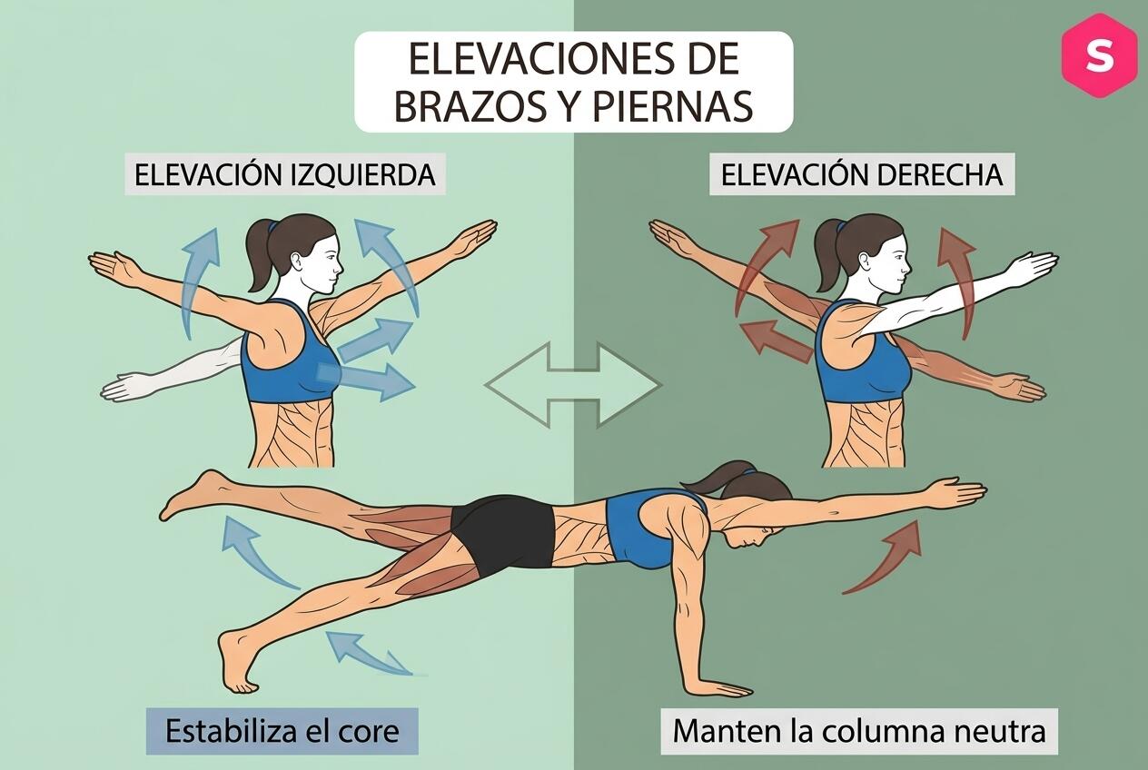 Ejercicio de elevaciones de brazos y piernas con el logo de SP
