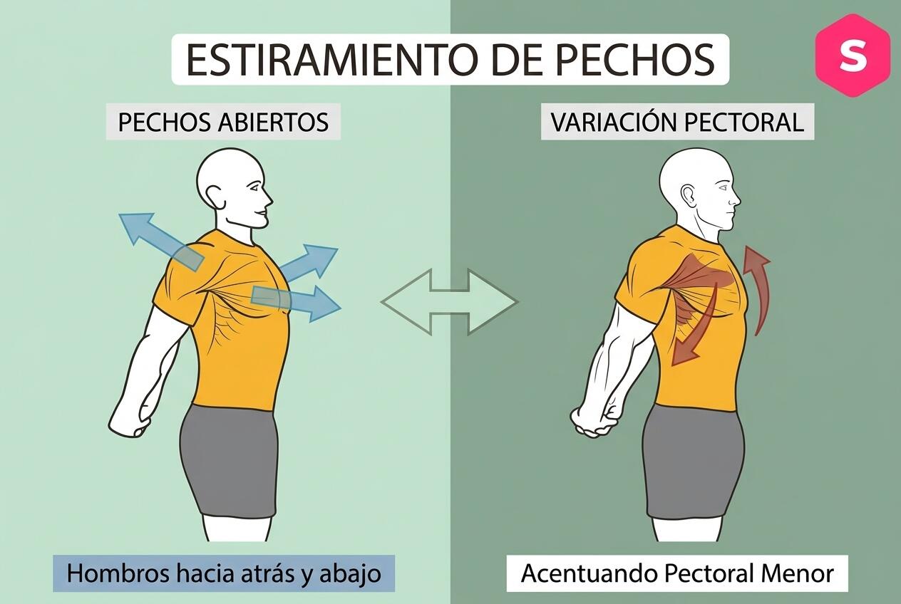 Hobre realizando un estiramiento de pechos con la descripción y con el logo de SP