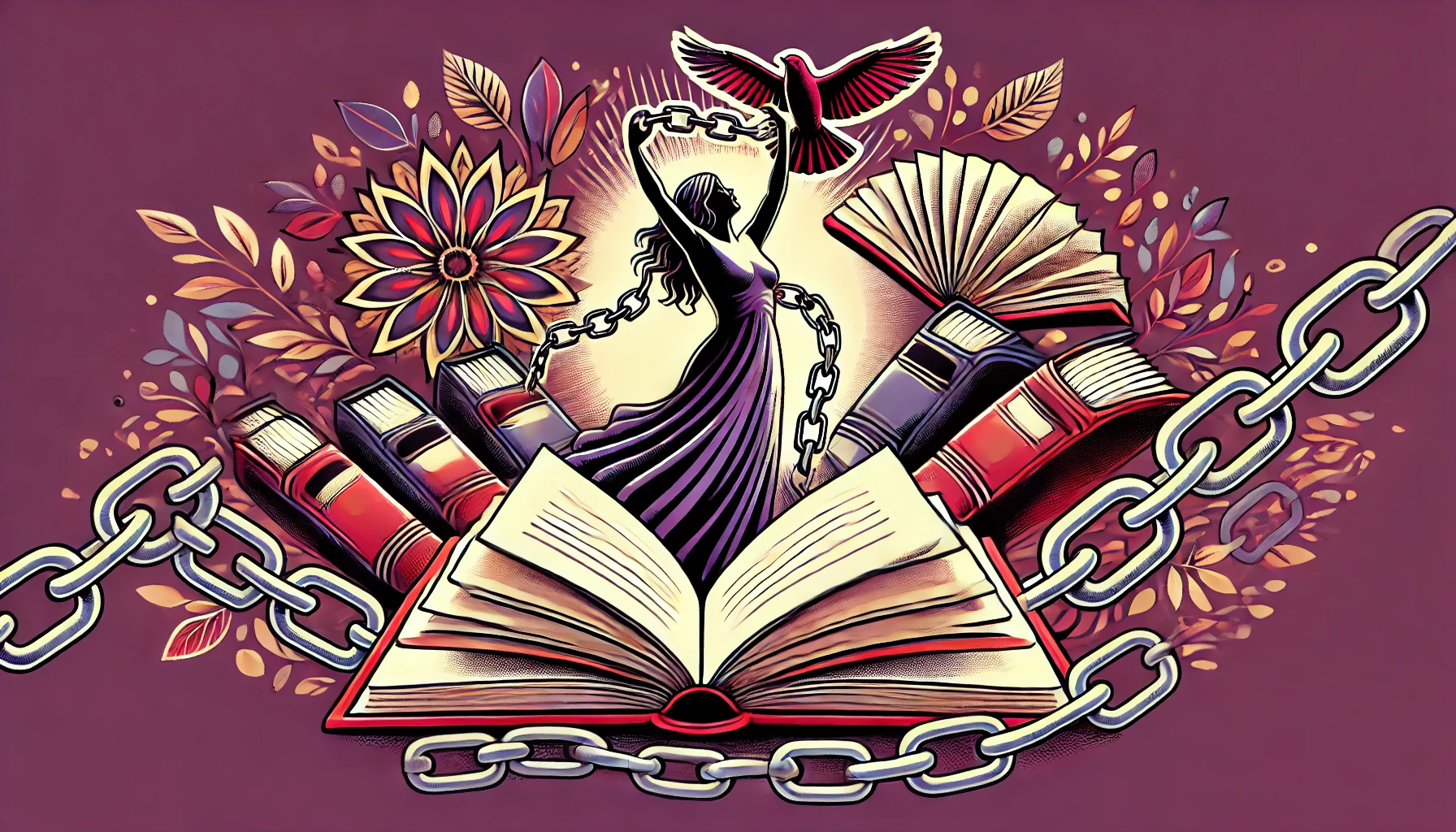 ilustración de libro con una silueta de mujer saliendo libre de entre las páginas y cadenas rotas y flores alrededor