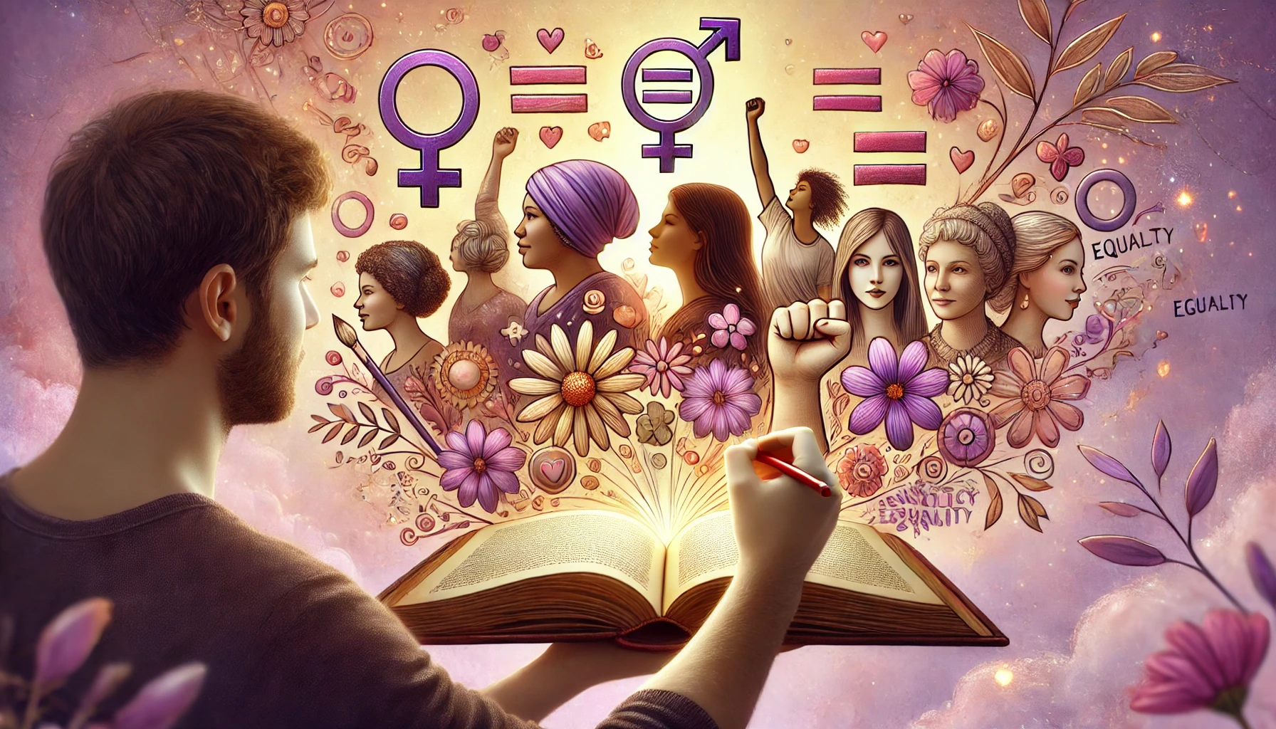 hombre escribiendo en un libro abierto del que salen rostros de mujeres con símbolos de la lucha feminista